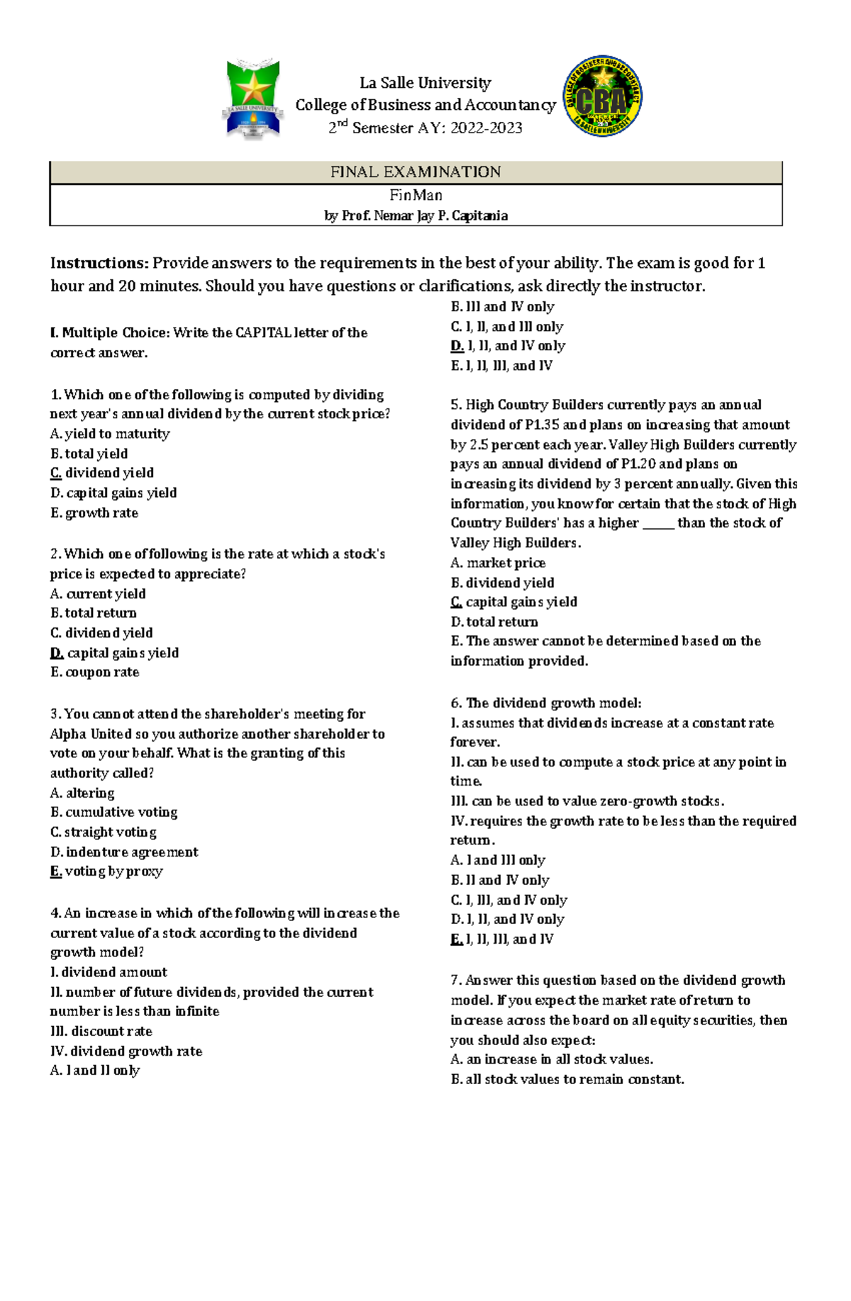 Fin Man- Final Exam June 2023 - La Salle University College of Business ...