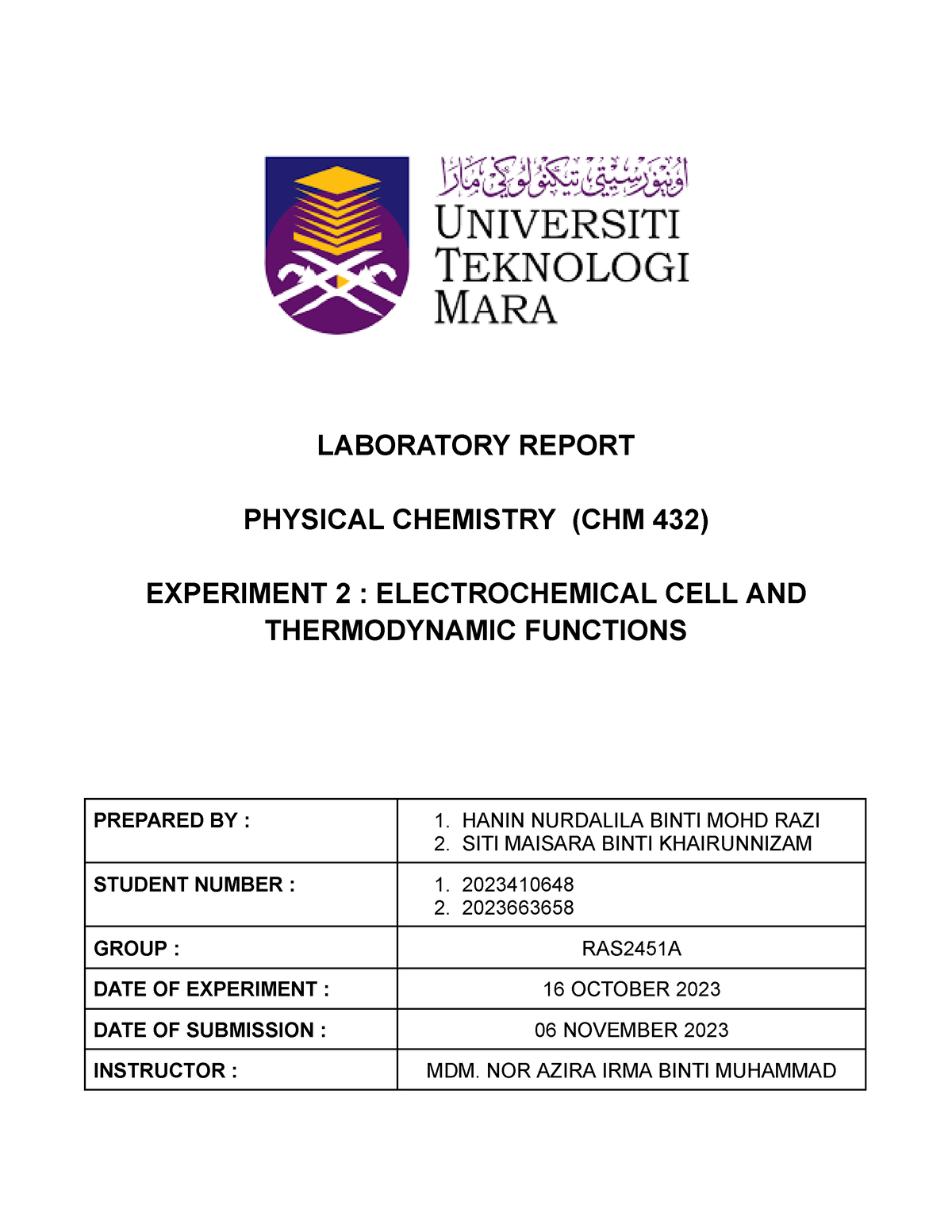 CHM432 Lab Report Electrochemical Cell and Thermodynamic Functions ...