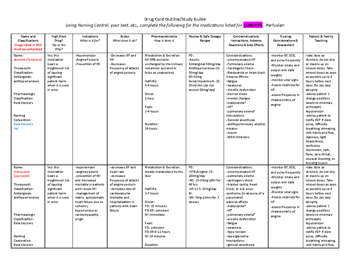 Drug Card Perfusion - study material - Using Nursing Central, your text ...