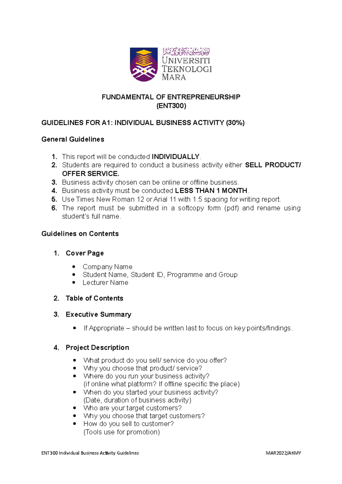 ENT - ENT 300 - FUNDAMENTAL OF ENTREPRENEURSHIP (ENT300) GUIDELINES FOR ...