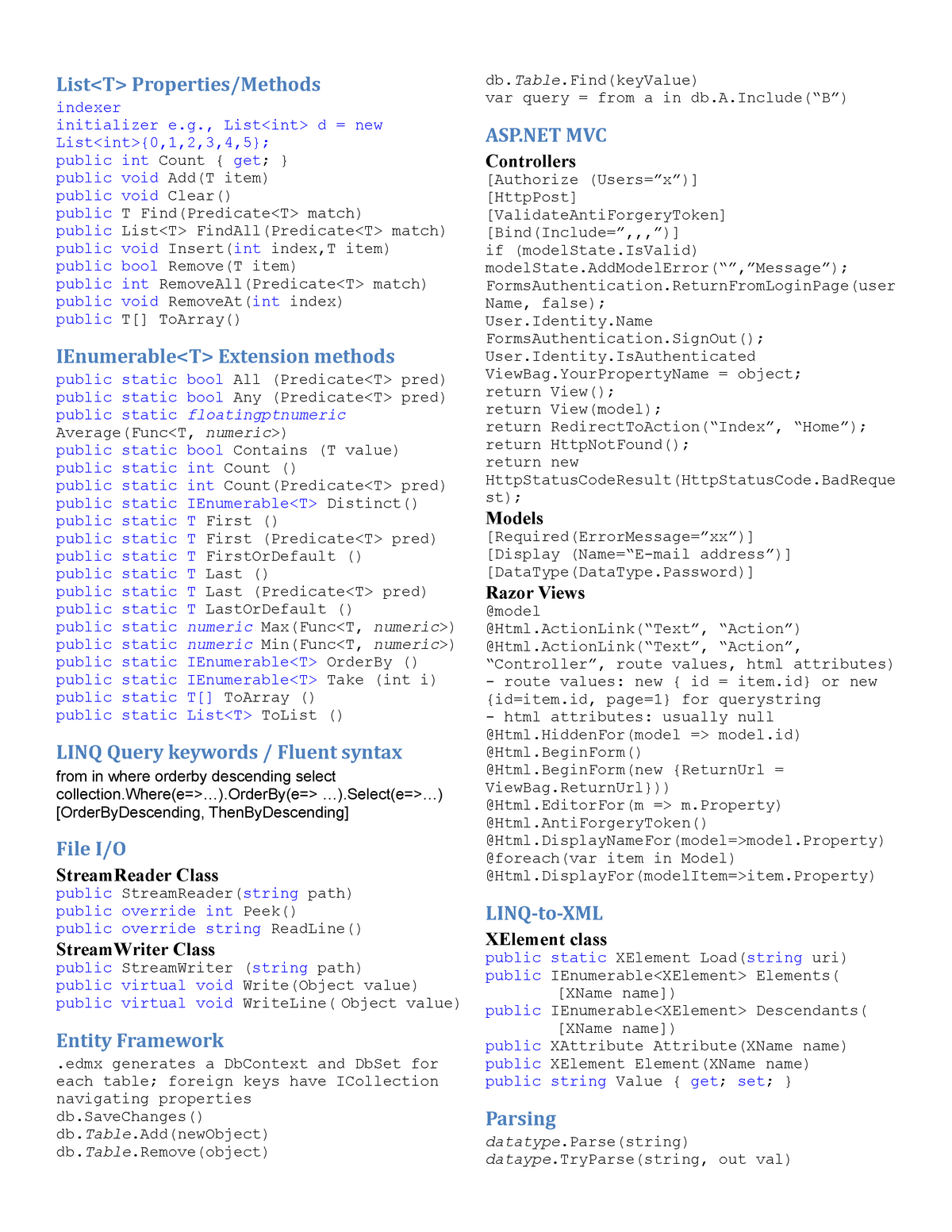 Cheat Sheet - handout - List Properties/Methods indexer initializer e ...