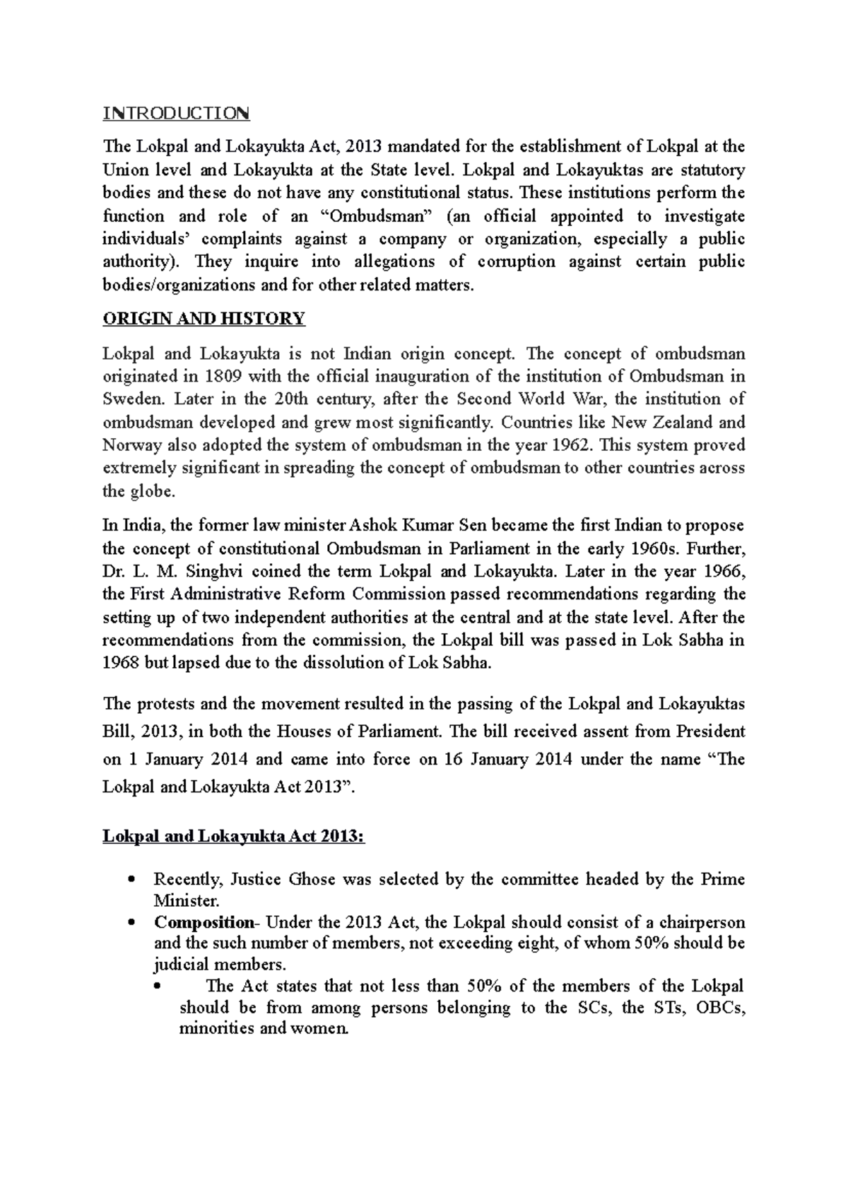 Lokpal And Lokayukyta - Lecture Notes 11 - Introduction The Lokpal And 