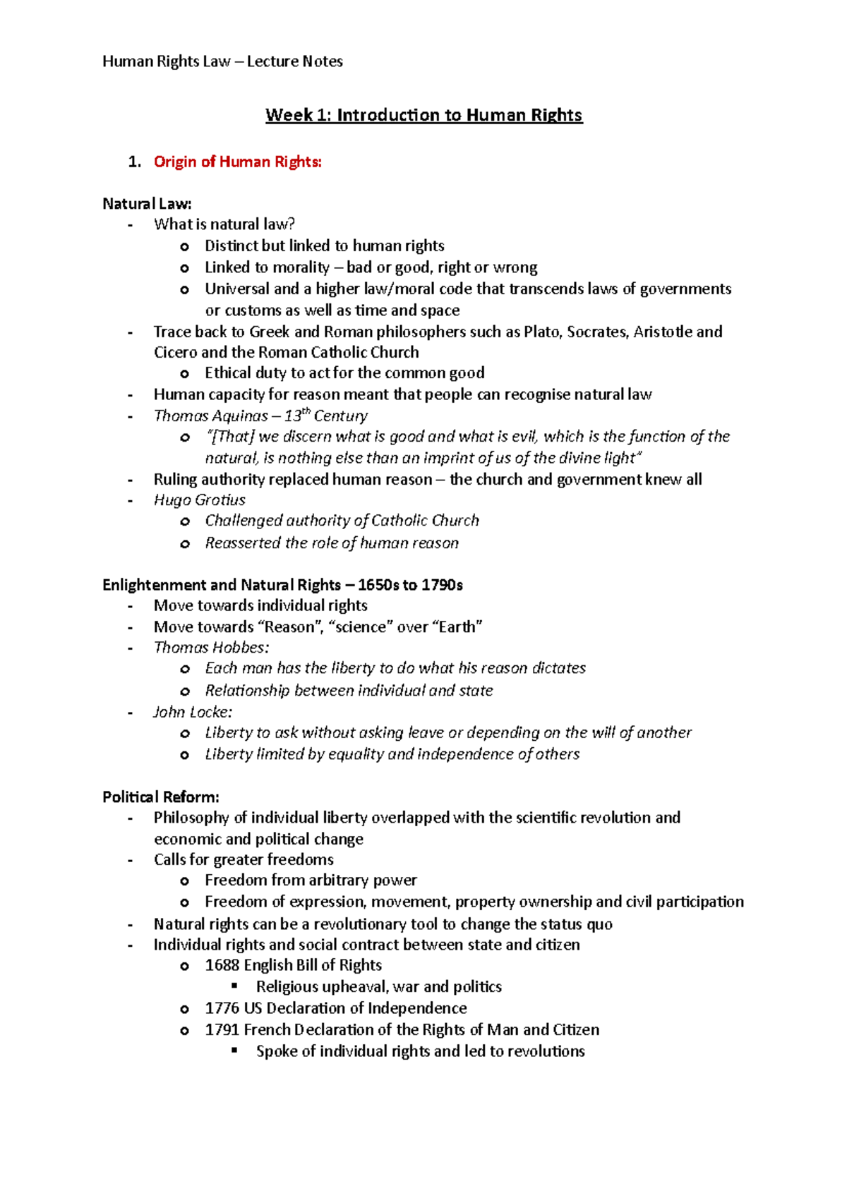 Human Rights Law - Lecture Notes - Week 1: Introduction to Human Rights ...