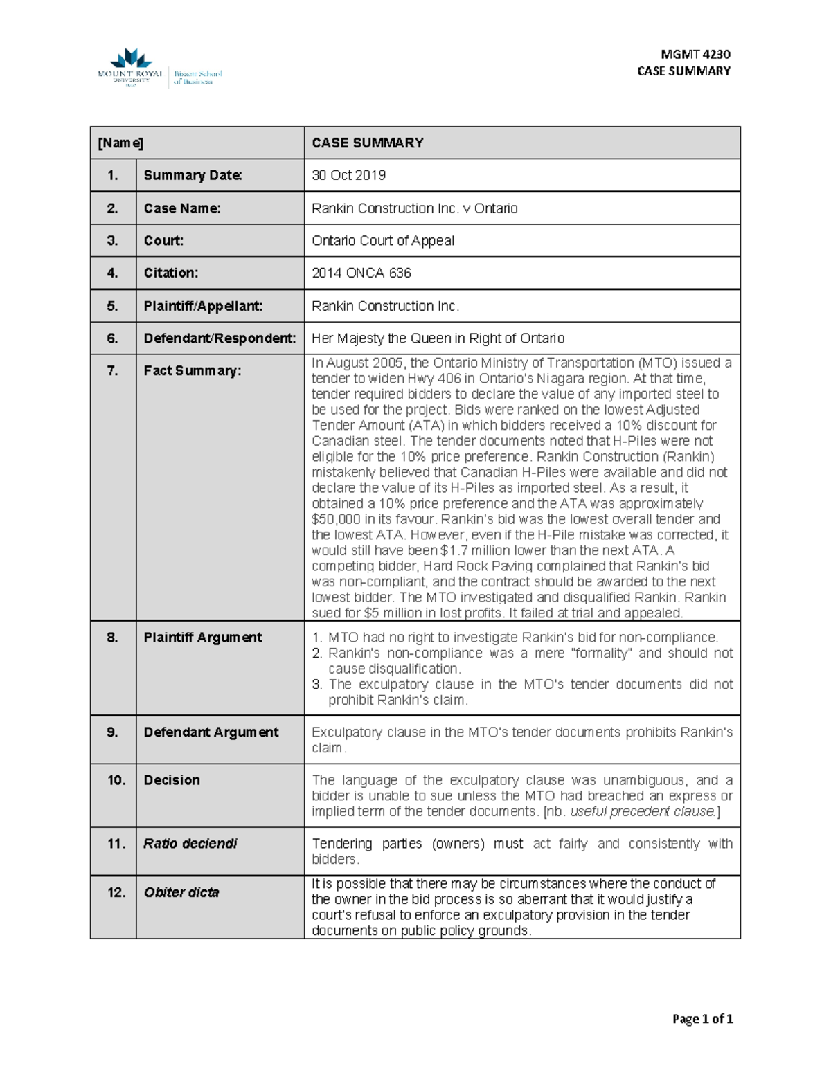 6. Rankin Construction Case Summary - Page 1 of 1 MGMT 4230 CASE ...