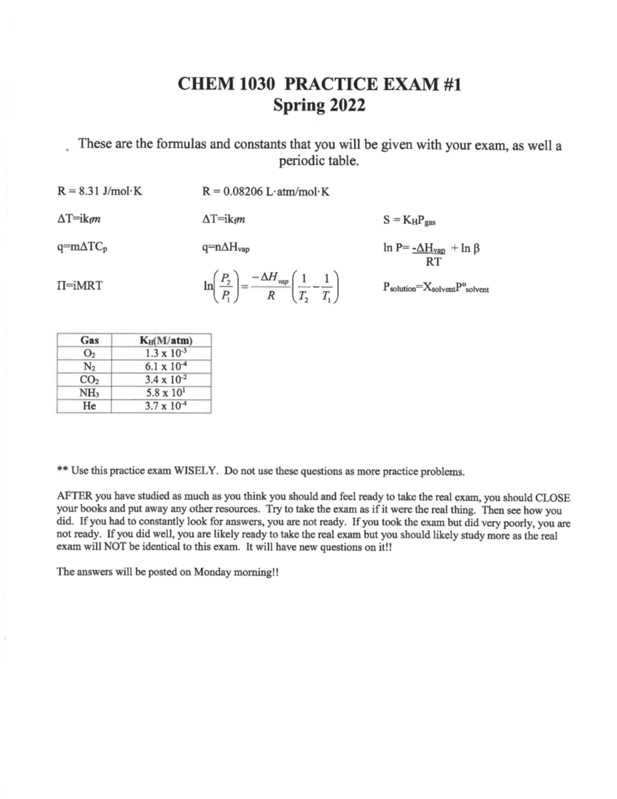 Practice Exam 1 - CHEM 1030 - Studocu