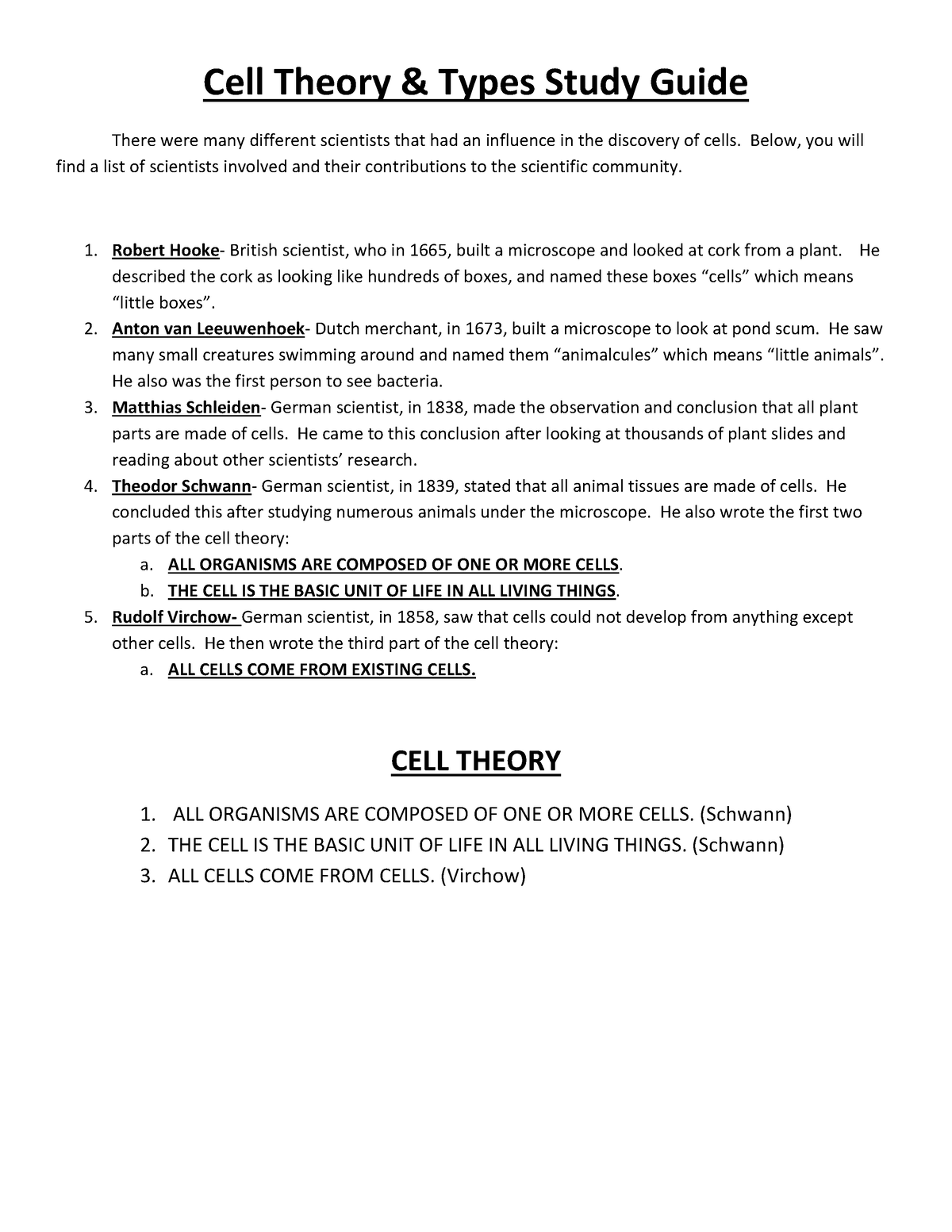 Cell theory cell types review sheet - Cell Theory & Types Study Guide ...