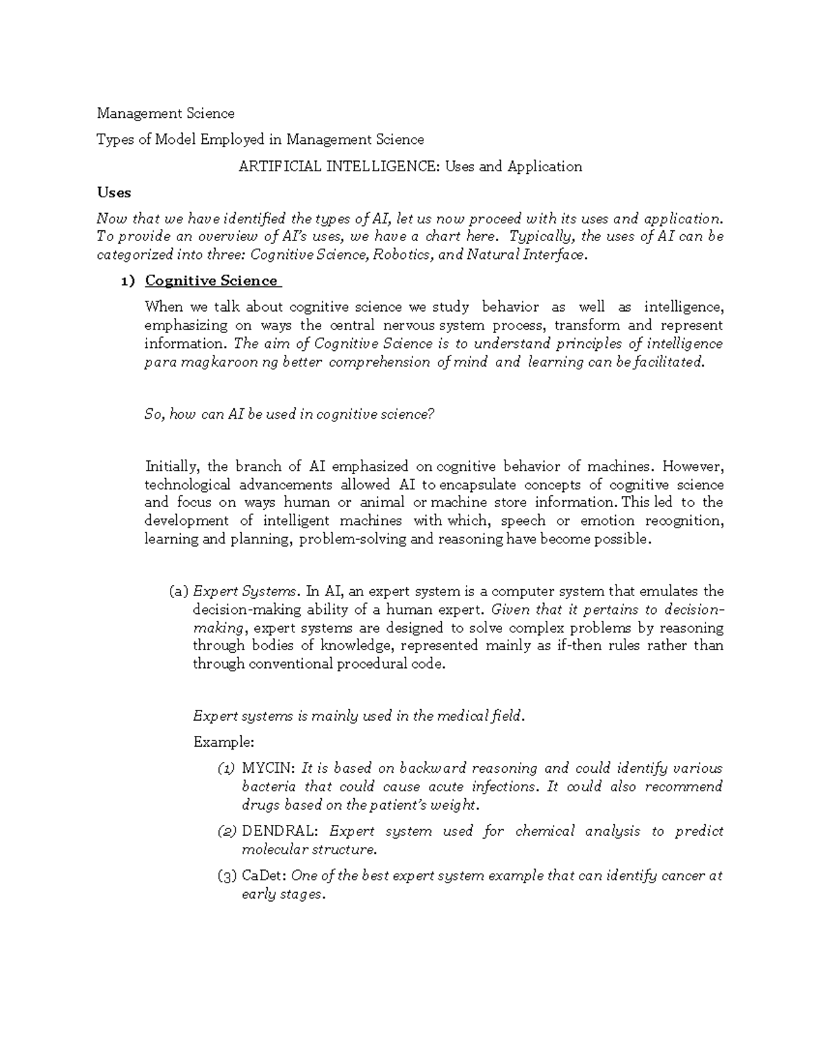 3 AI Uses and Application Management Science Types of Model Employed