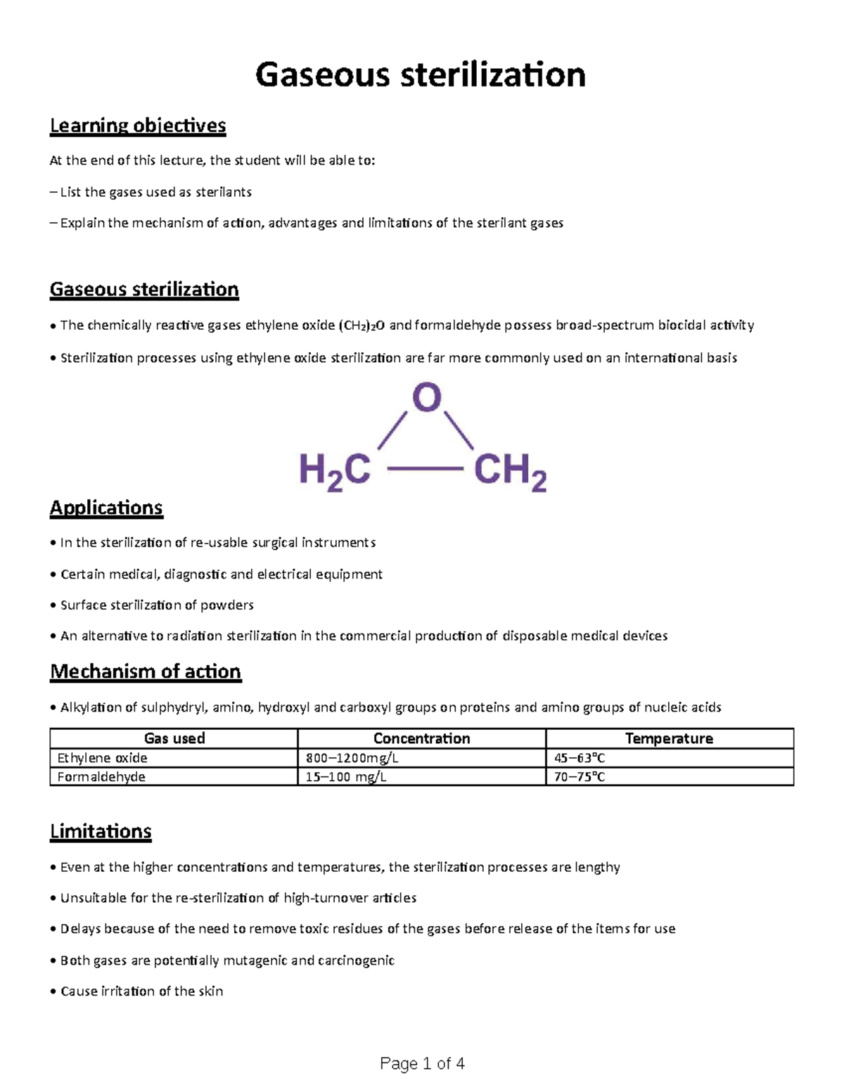 Gaeous sterilization class notes Page 1 of 4 Learning objectives