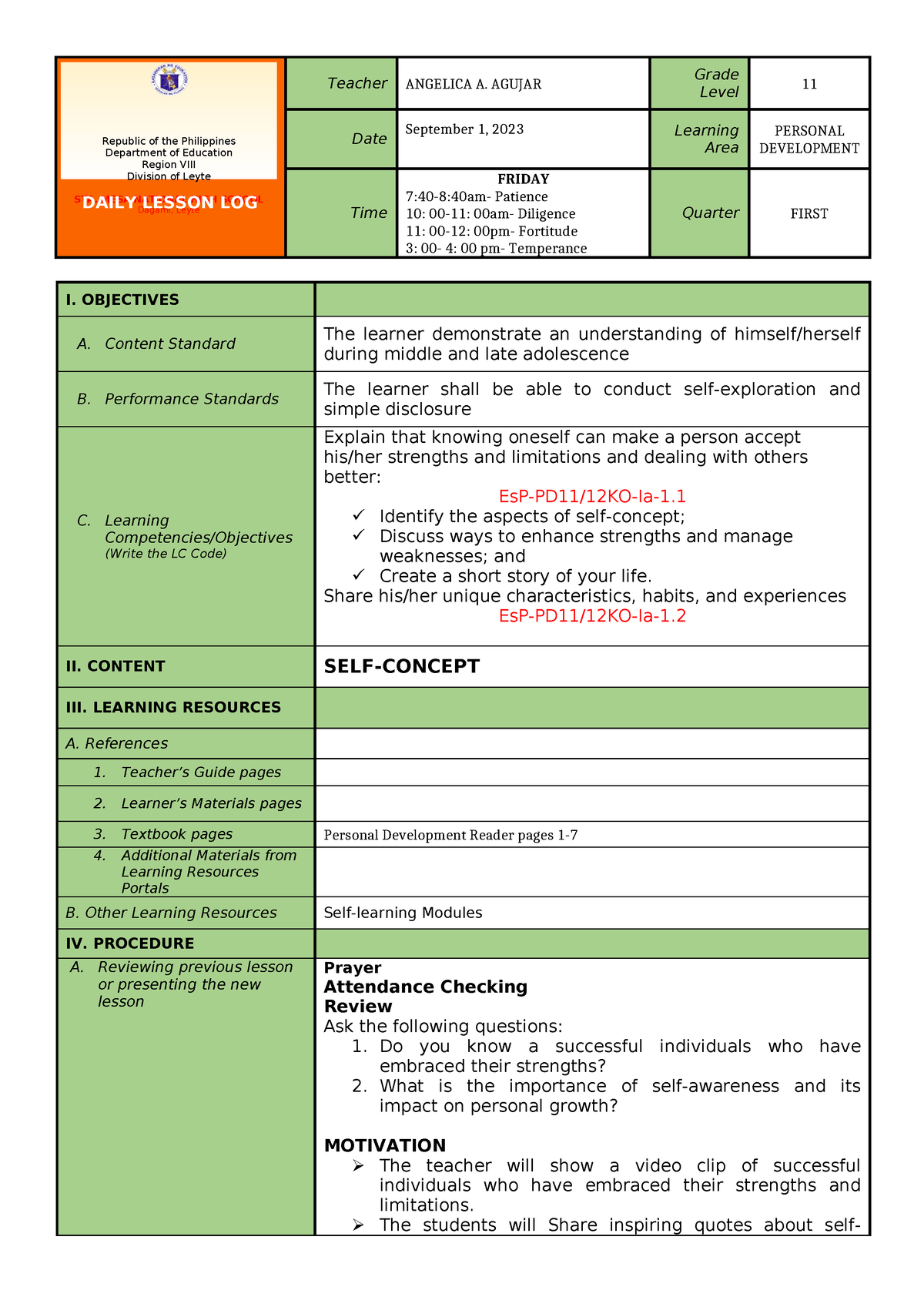 Week 1 - Perdev Week 1 Lesson Plan Q1 - Teacher ANGELICA A. AGUJAR ...