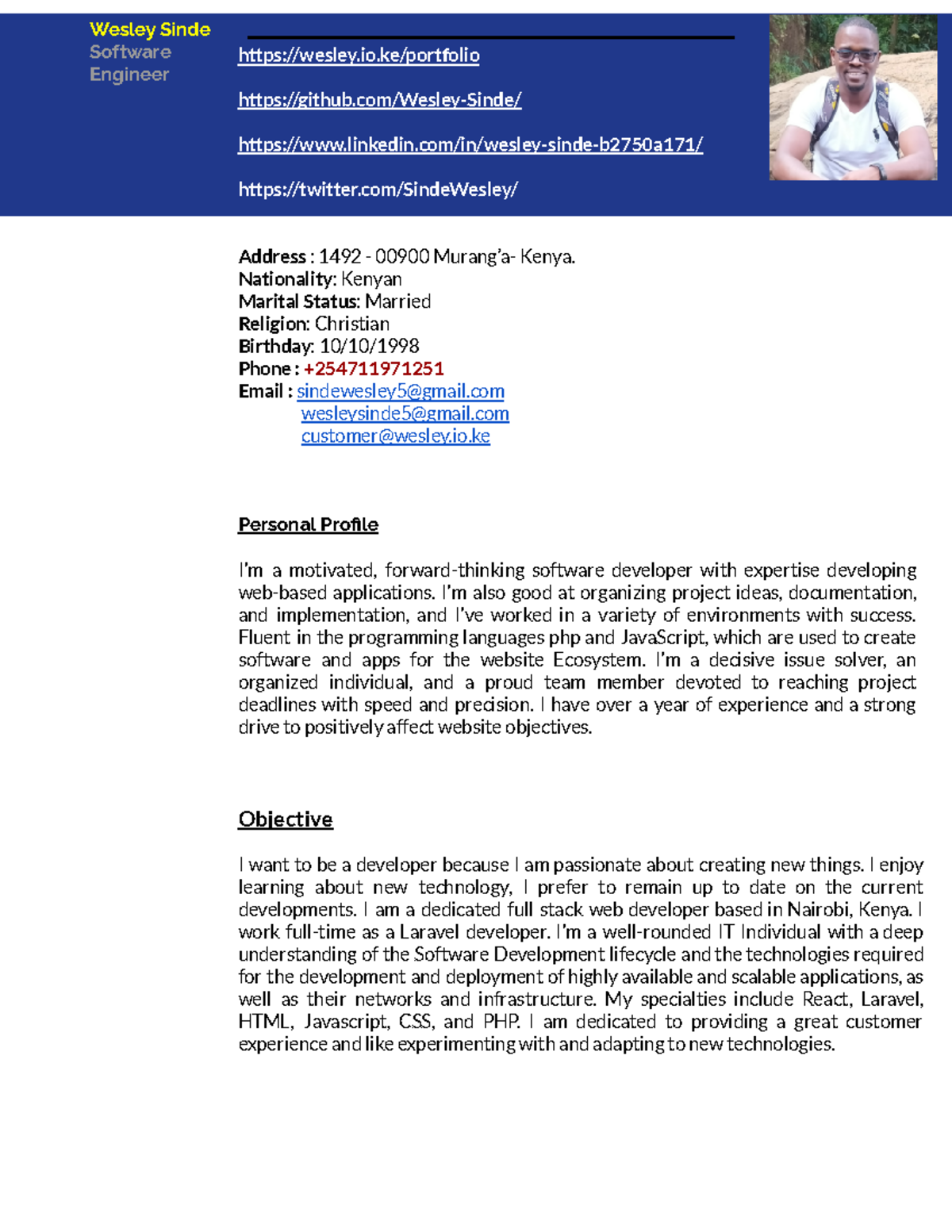 Wesley Sinde - Work Resume - Wesley Sinde Software Engineer wesley.io ...