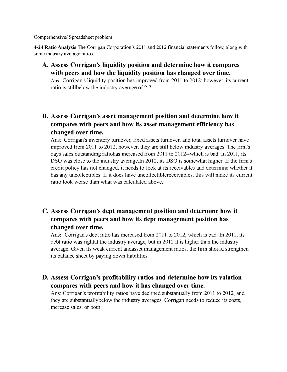 4-24 Ratio Analysis The Corrigan Corporation’s 2011 and 2012 financial ...