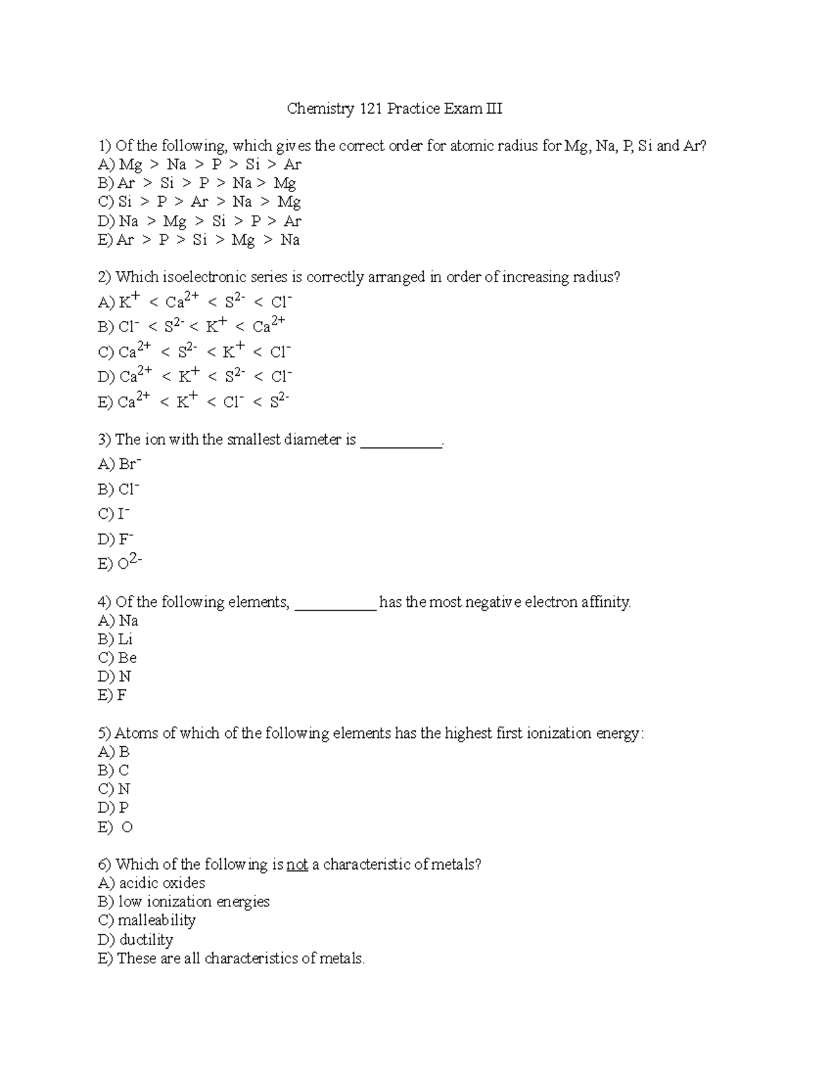 121 Bb Exam Iii Practice F21 - Chemistry 121 Practice Exam III Of The ...