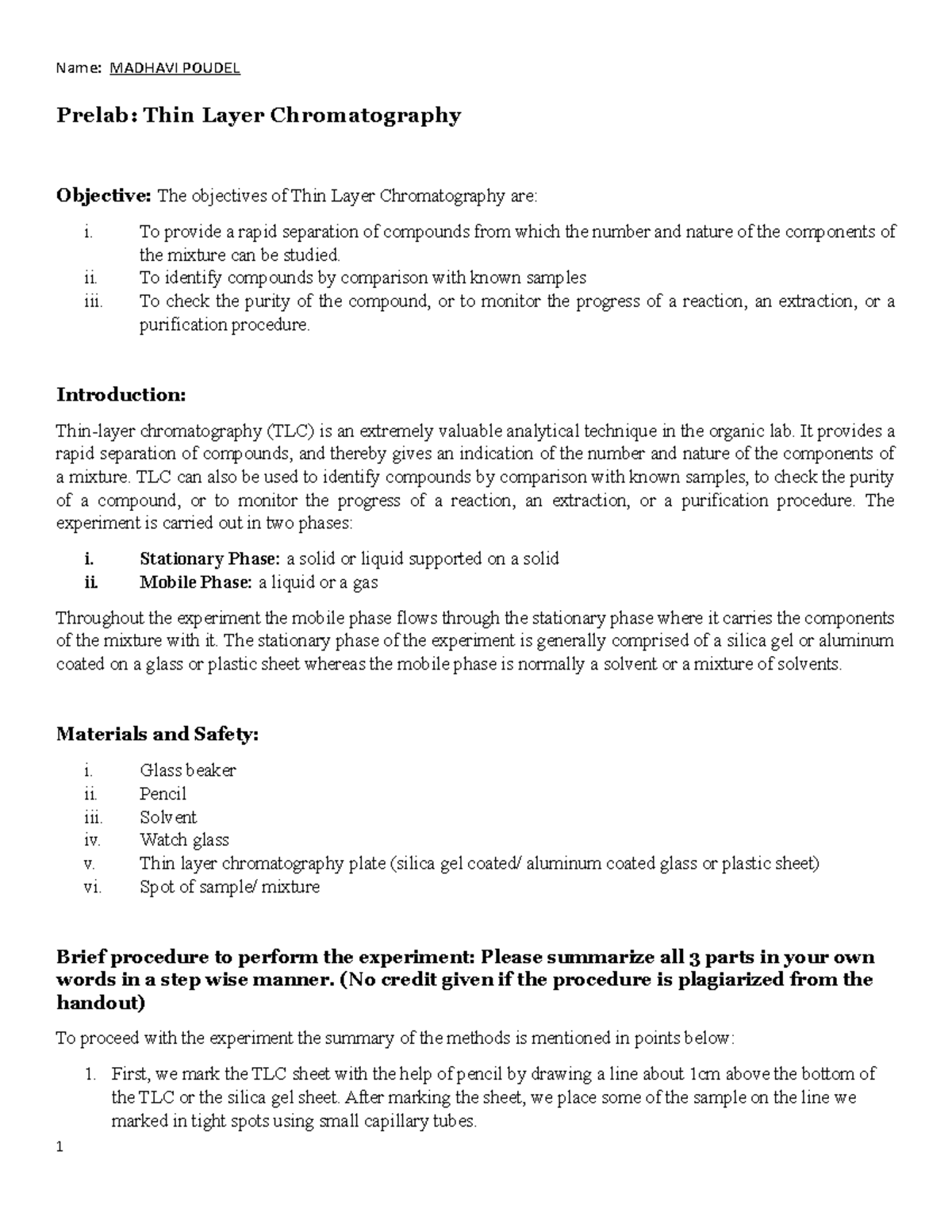 Pre LabThin Layer Chrmatography Name MADHAVI POUDEL Prelab Thin