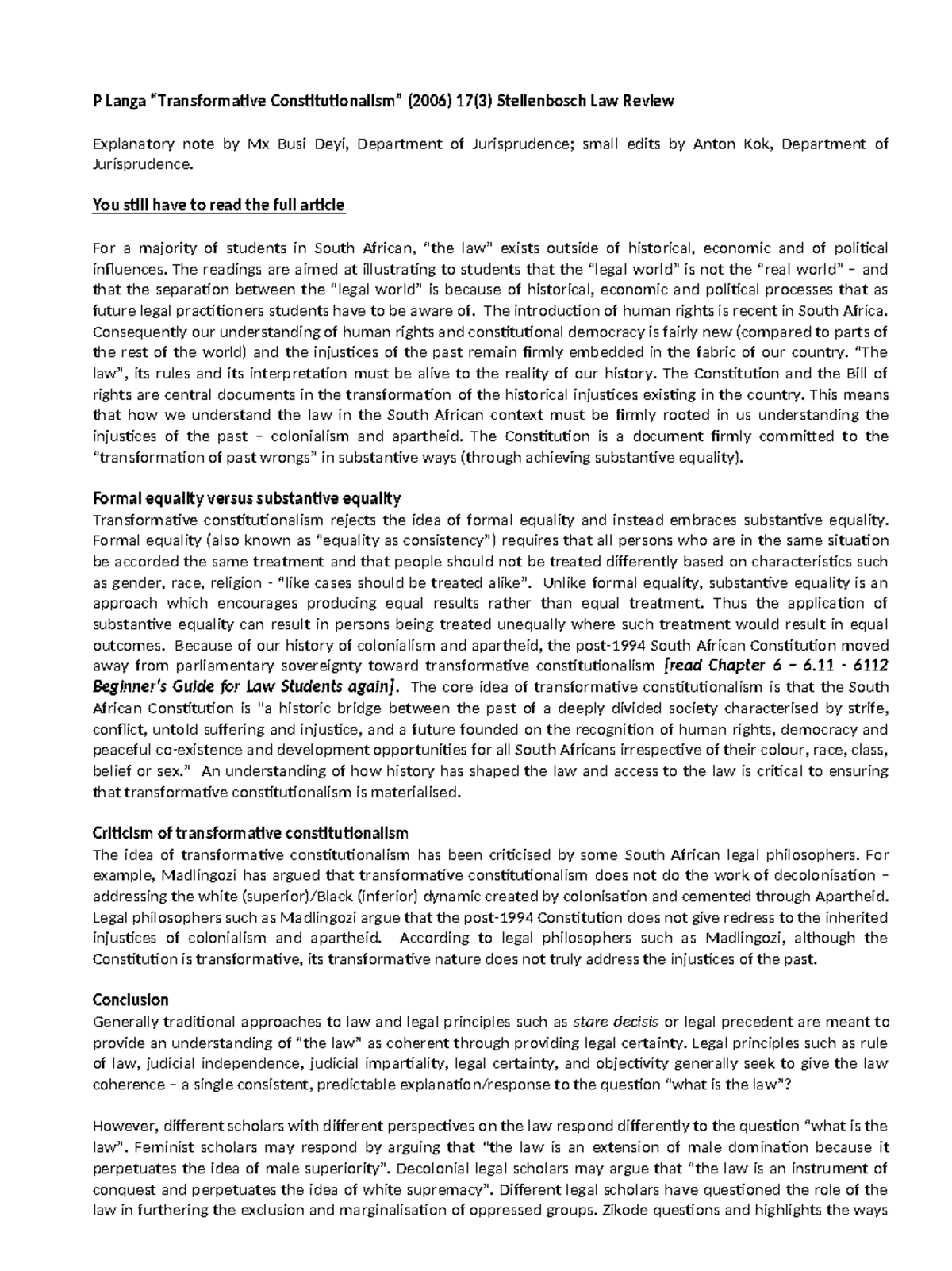 Explanatory note on transformative constitutionalism - P Langa ...