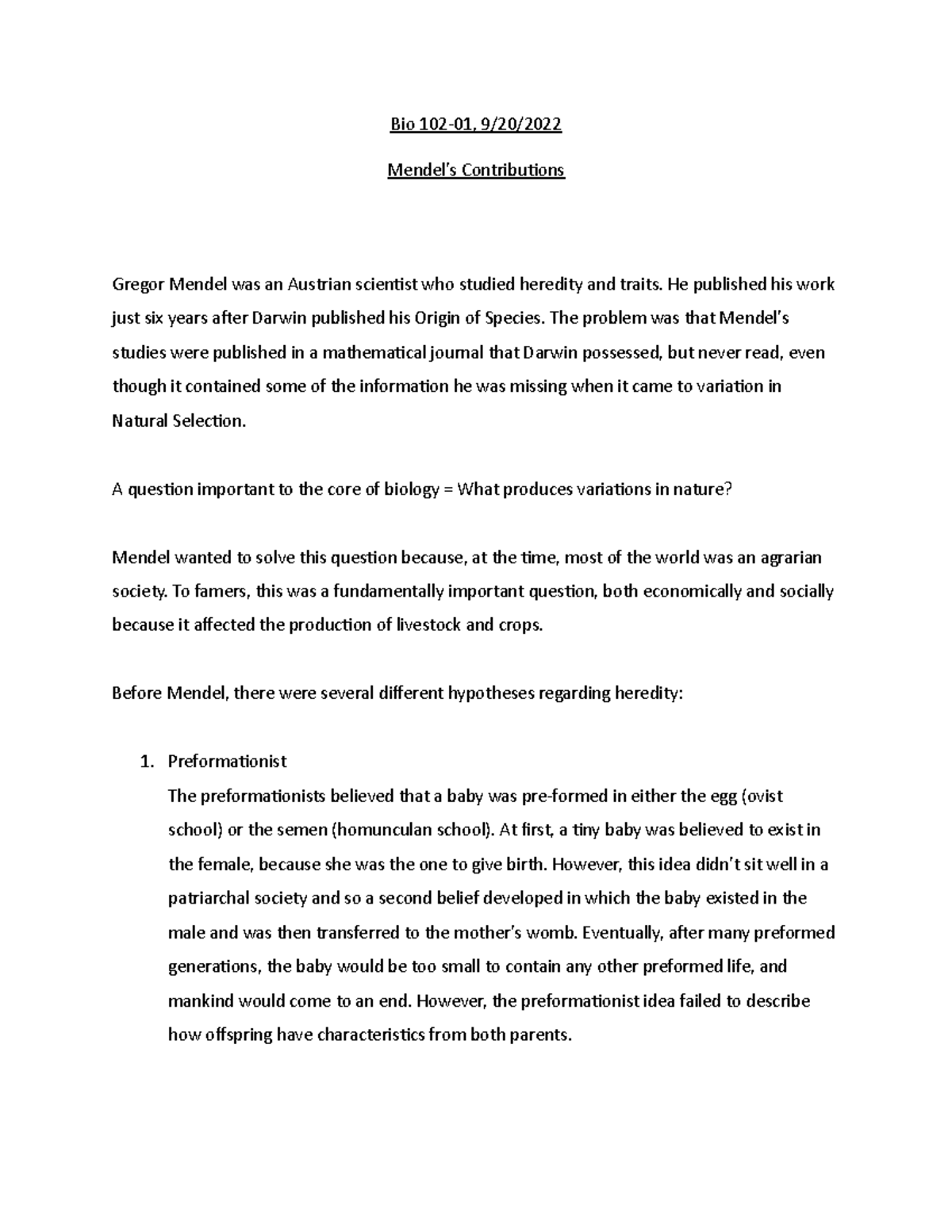 Mendel Notes - Bio 102-01, 9/20/ Mendel’s Contributions Gregor Mendel ...