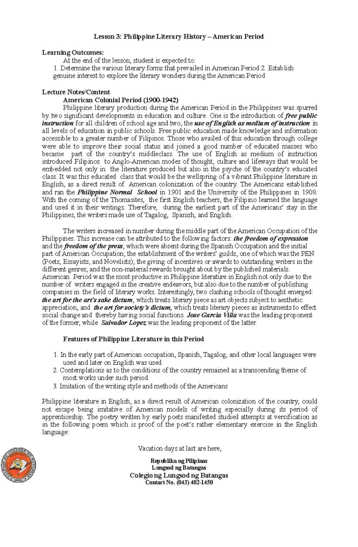 Module 3- American Period - Lesson 3: Philippine Literary History ...