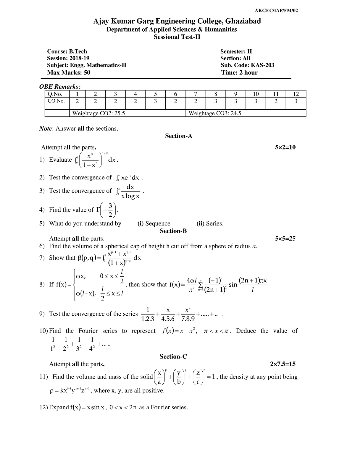 Engineering Mathematics-II KAS-203 ST-2 QP Even 18-19 - AKGEC/IAP/FM ...