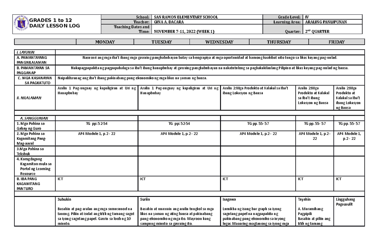 DLL AP 4 Q2 W1 - education - GRADES 1 to 12 DAILY LESSON LOG School ...