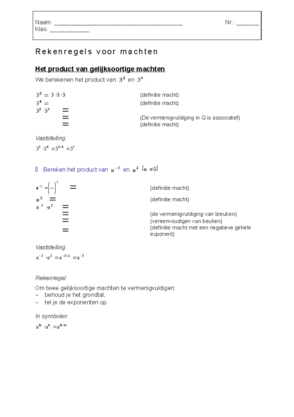 Rekenregels Voor Machten - Klas: ____________ Rekenregels Voor Machten ...