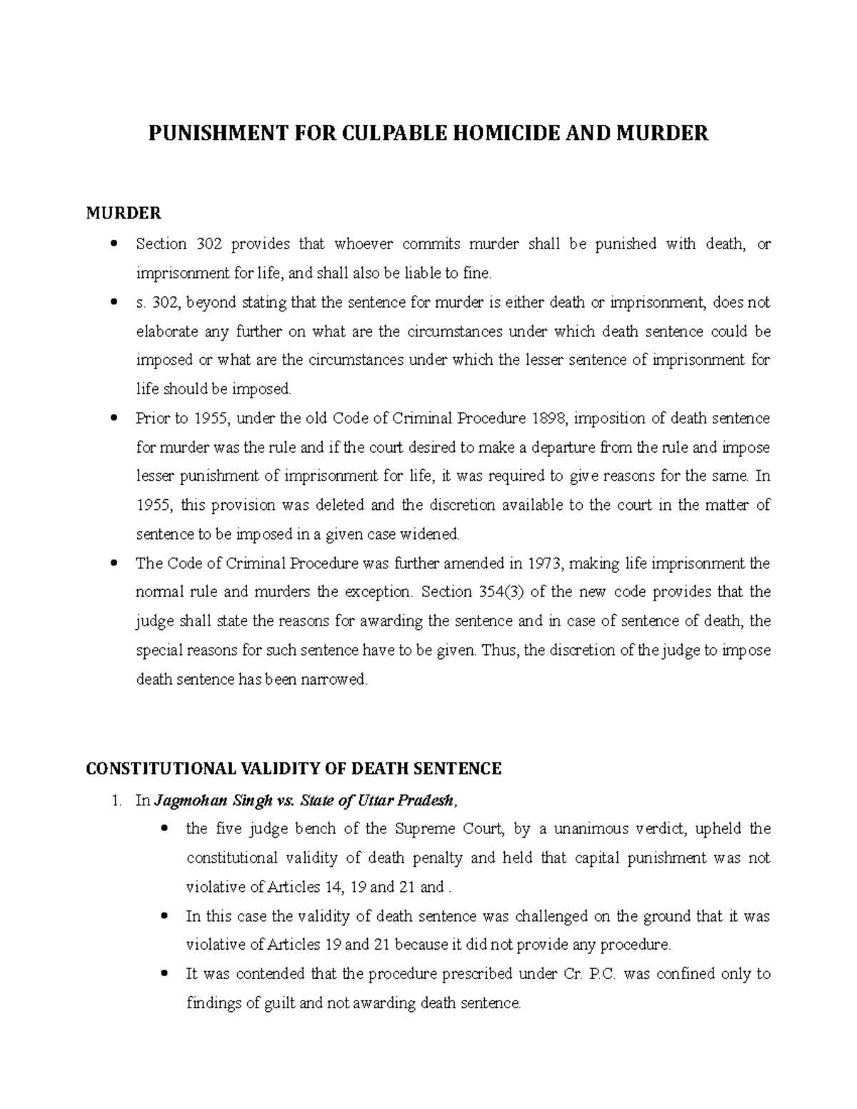 Punishment for murder and CH - PUNISHMENT FOR CULPABLE HOMICIDE AND ...
