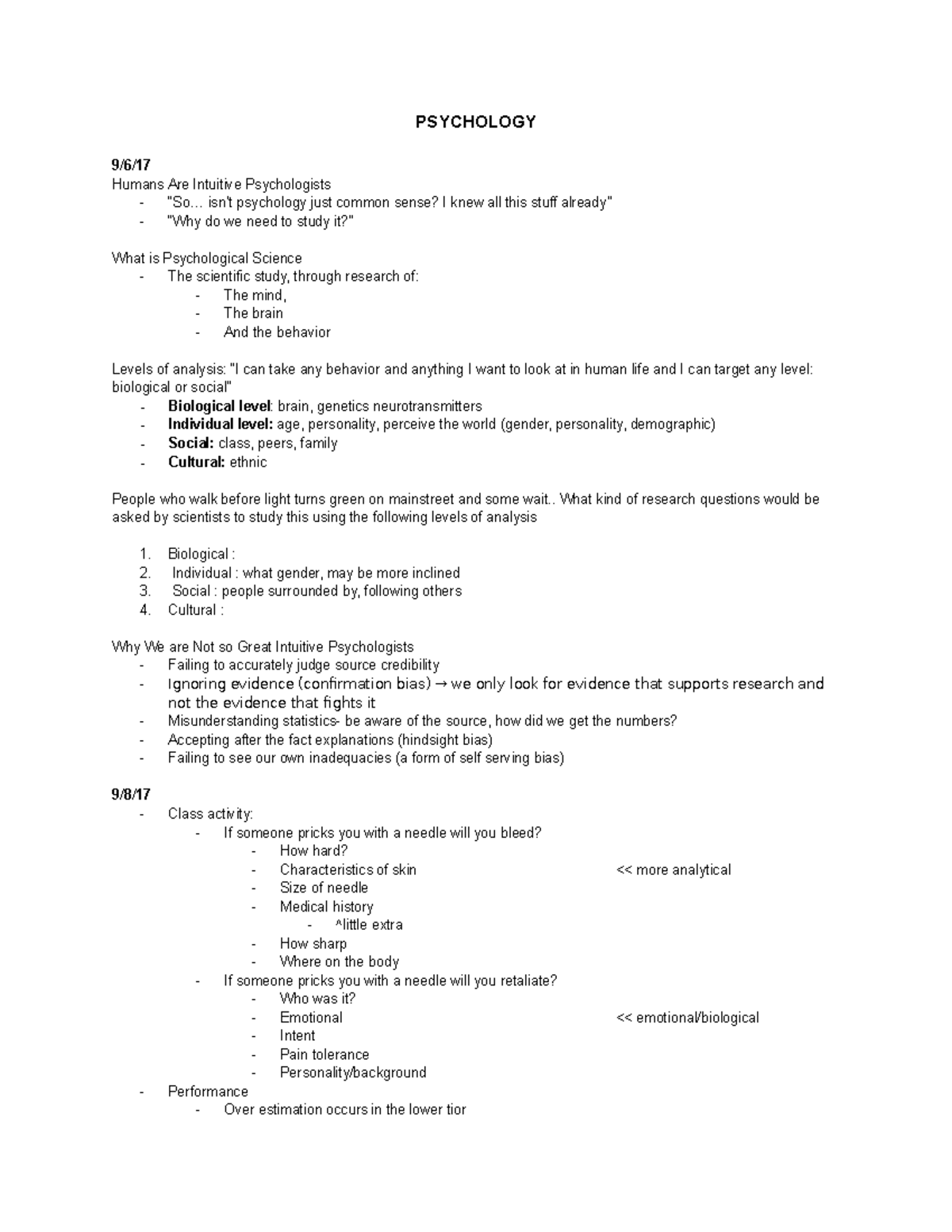 Psych 100 - Lecture Notes 1-26 - PSYCHOLOGY Humans Are Intuitive ...