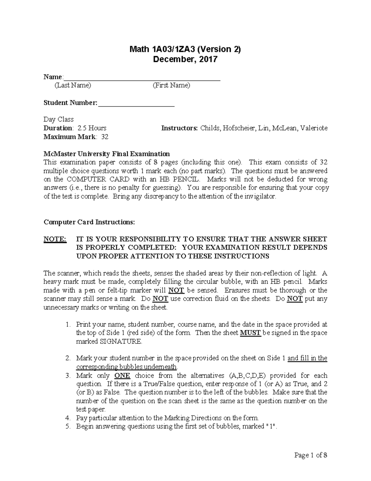 Final Exam 2017 Math 1A03/1ZA3 (Version 2) December, 2017 Studocu