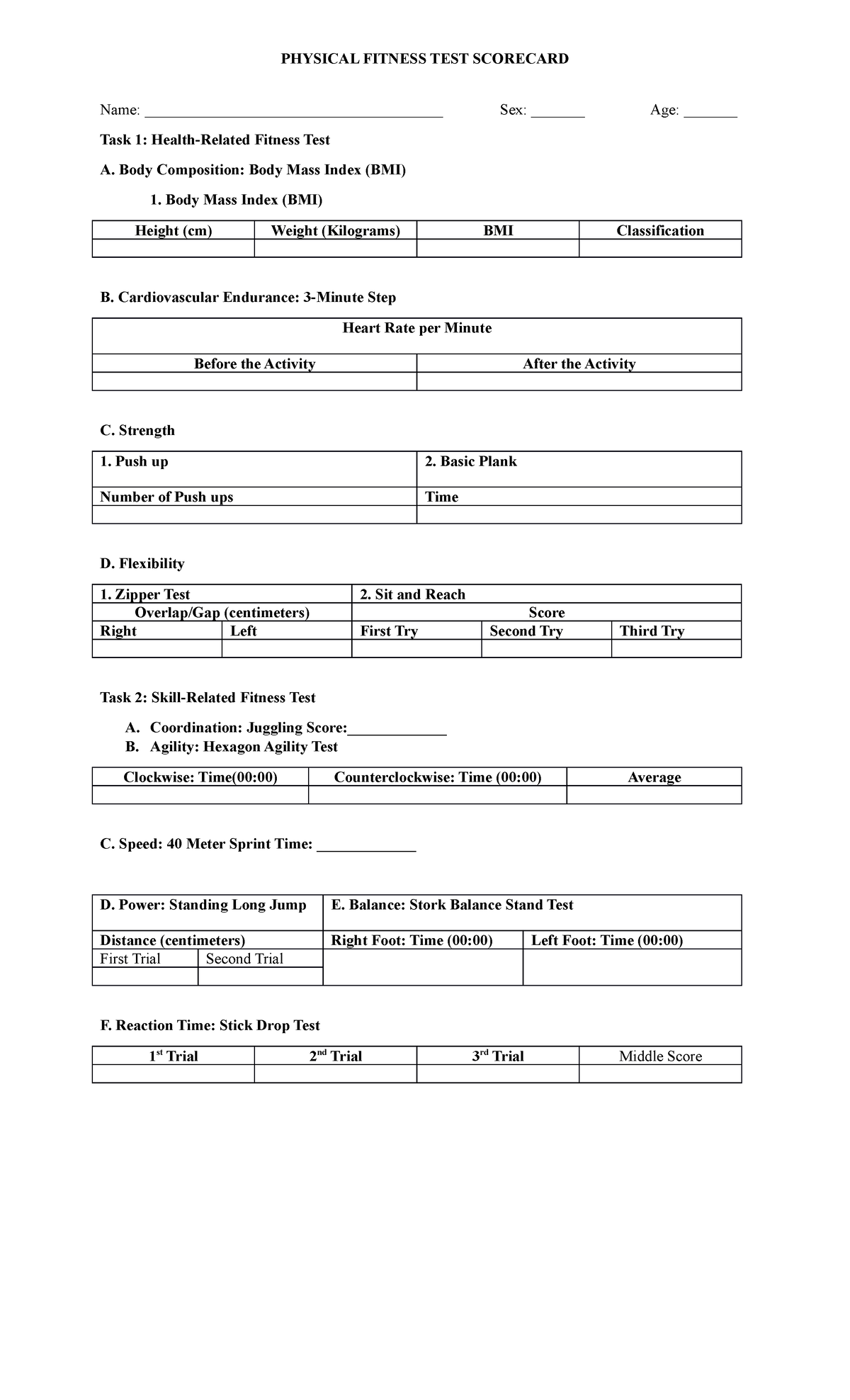 Physical Fitness Test Scorecard With Answers Grade 8 At Thomas Karsten Blog