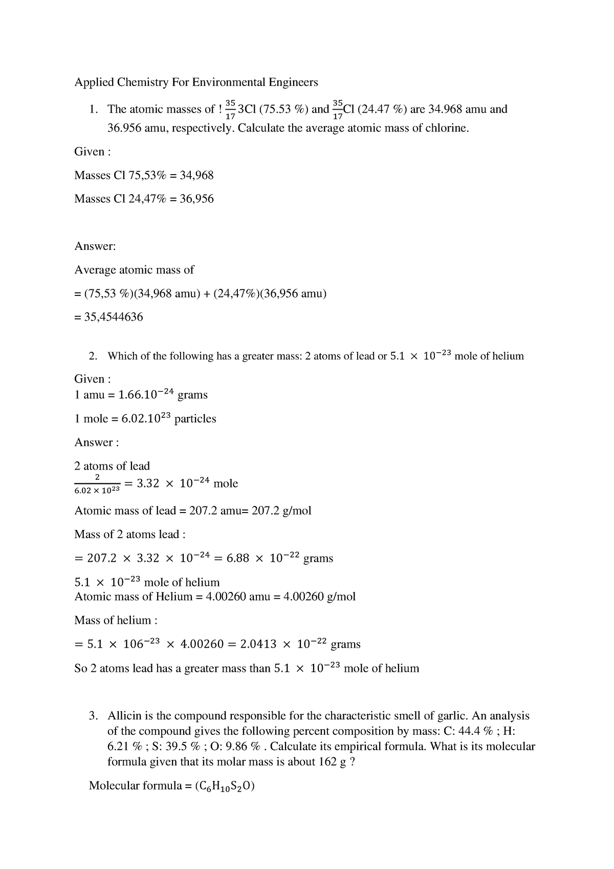 Stoichiometry For Engineering - Applied Chemistry For Environmental ...