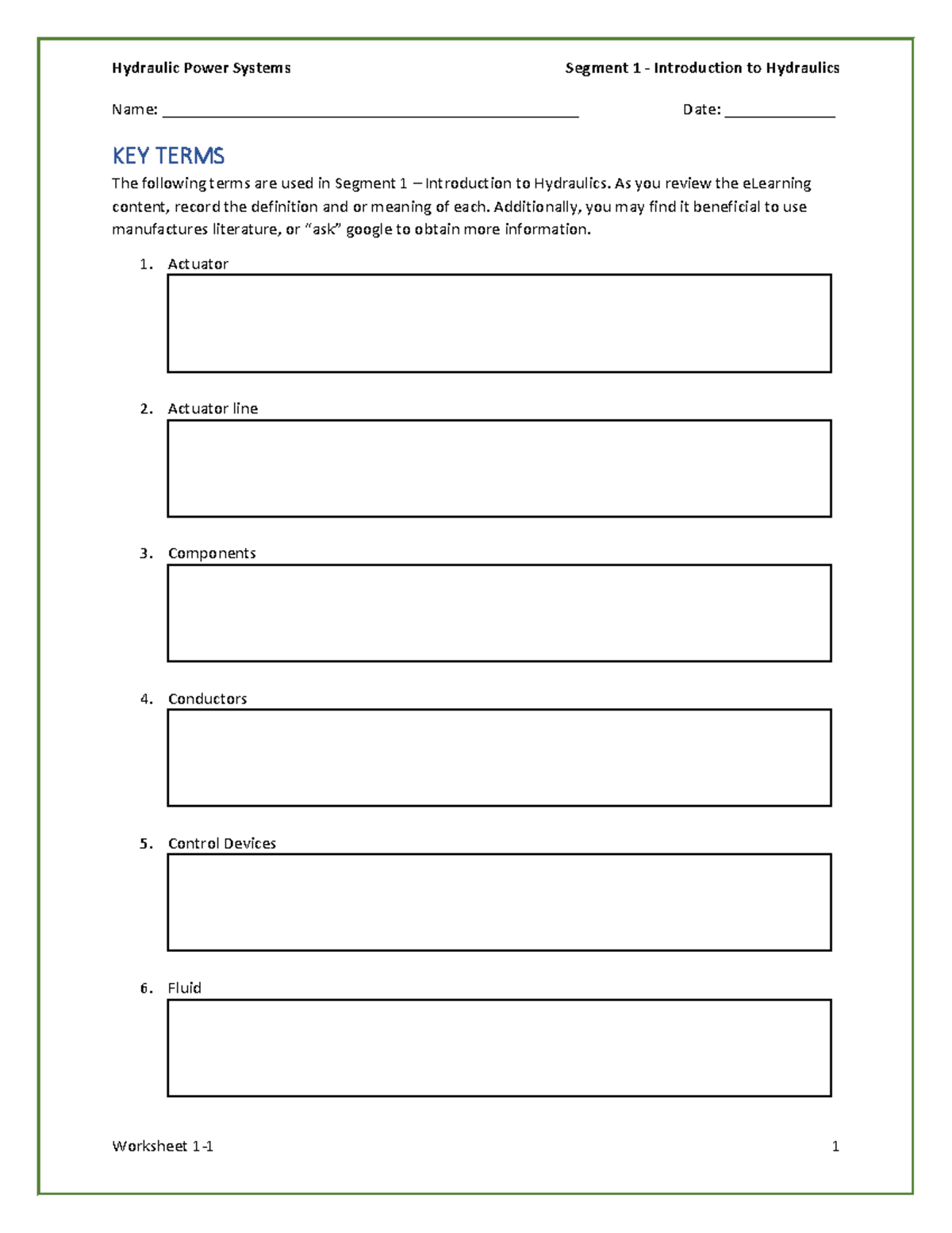 02 Worksheet - Hydraulic Power Systems Name