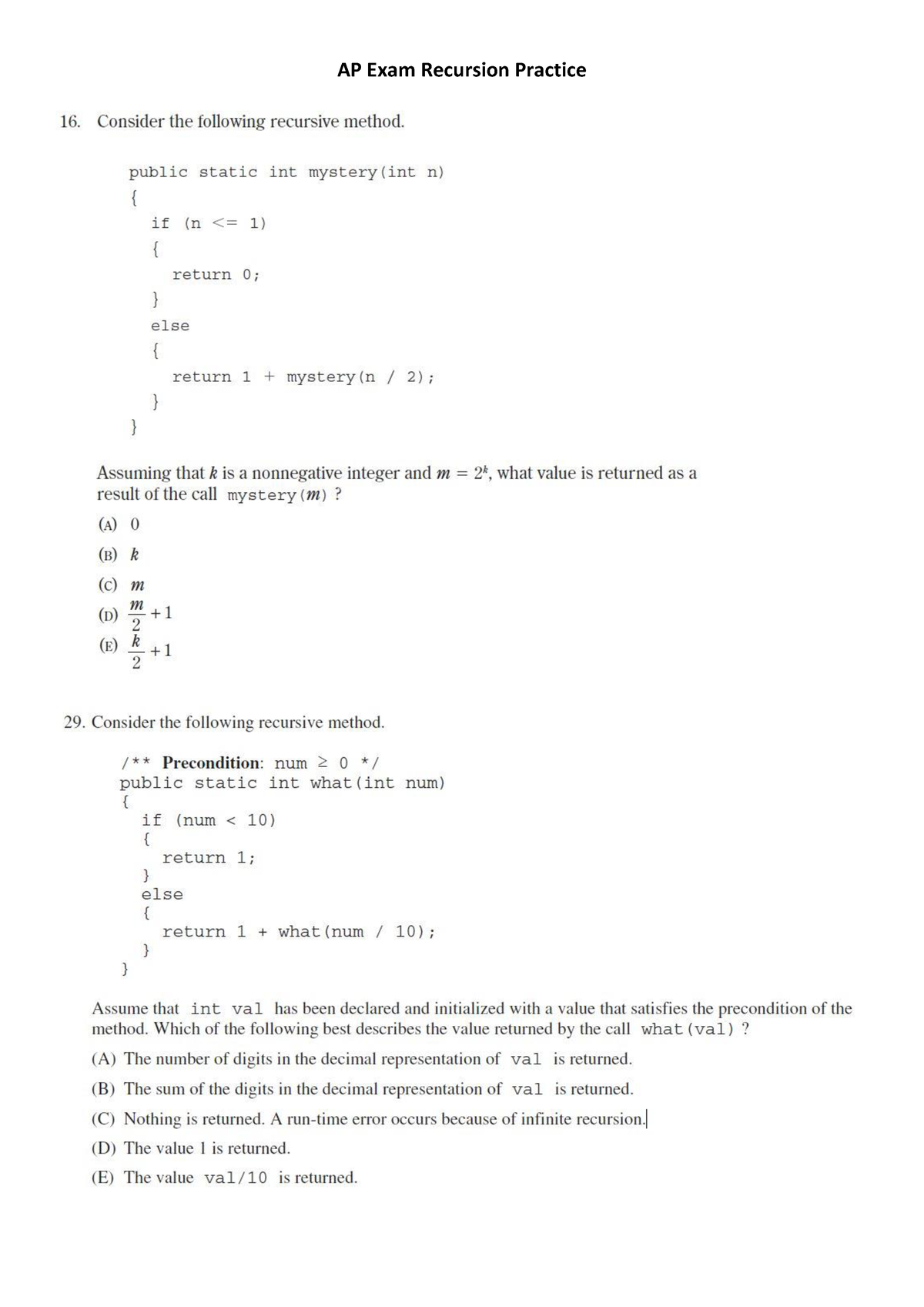 Section 13 - comp sci ap - AP Exam Recursion Practice 16. Consider the ...