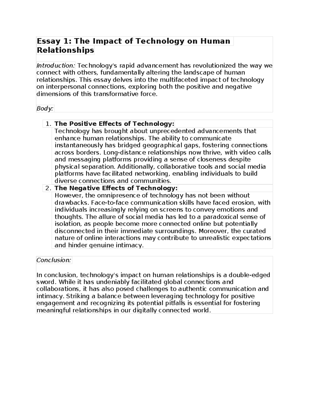 Essat 1 - aefsf - Essay 1: The Impact of Technology on Human ...