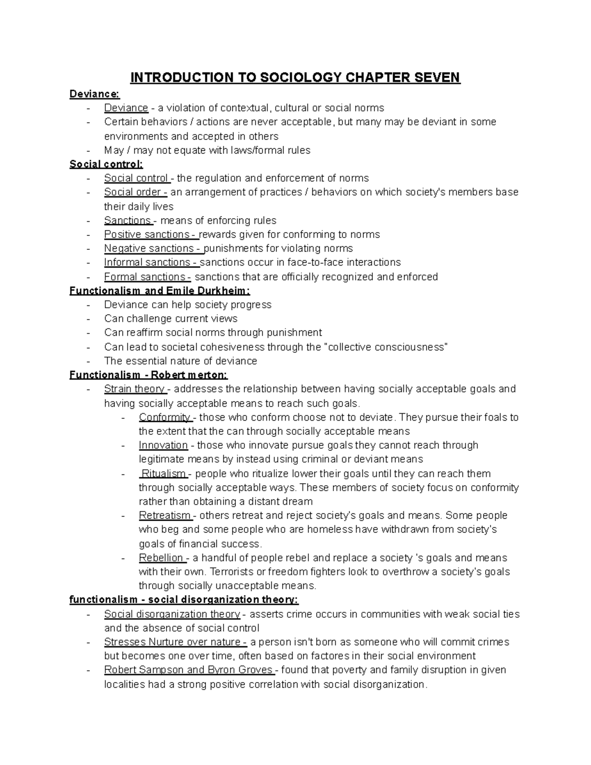 Soci chapter 7 - INTRODUCTION TO SOCIOLOGY CHAPTER SEVEN Deviance ...