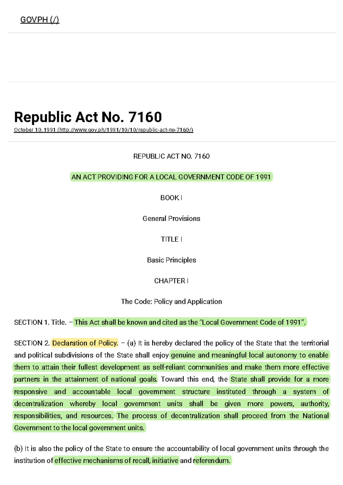 LGU CODE Republic ACT NO - Republic Act No. 7160 October 10, 1991 - Studocu