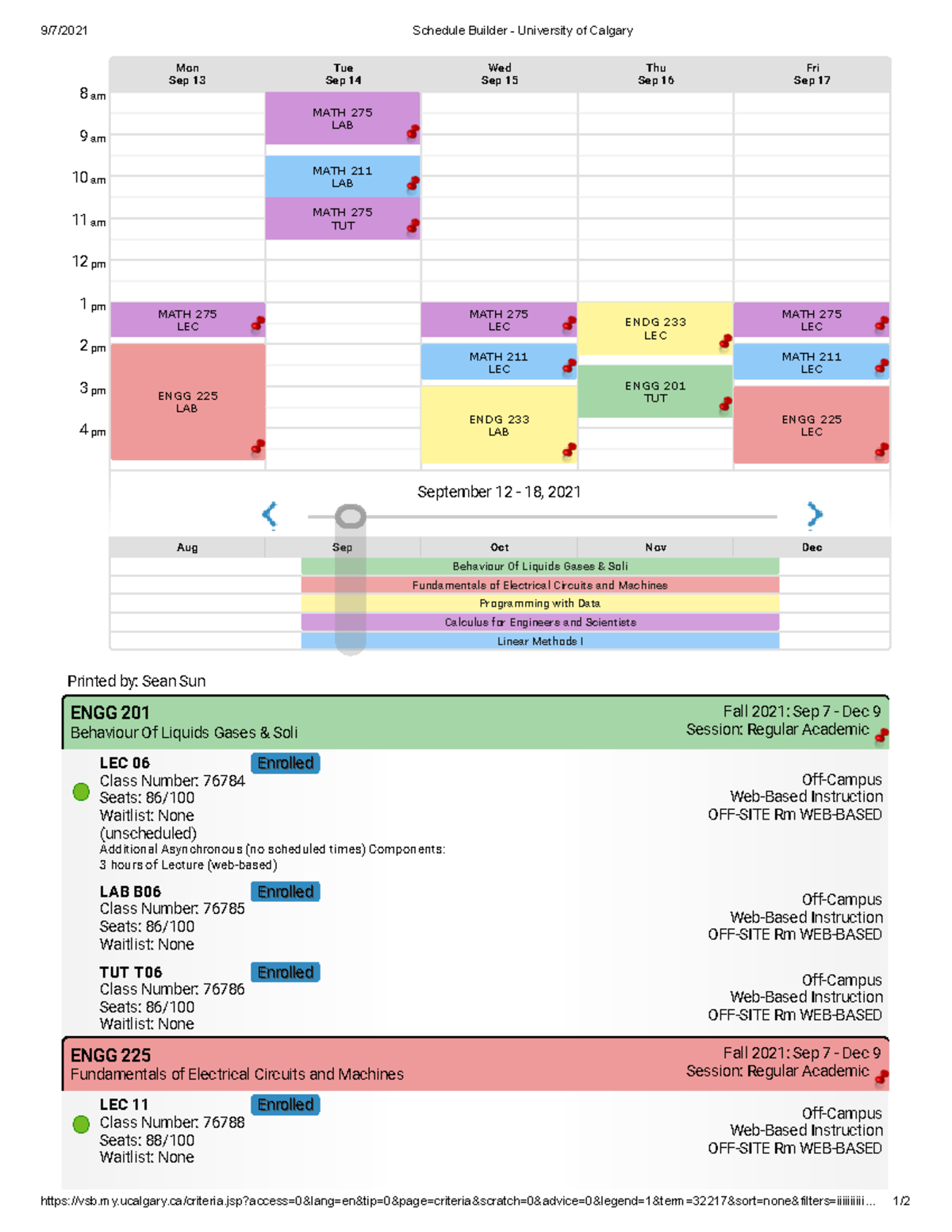 Schedule 2021 Fall - 9/7/2021 Schedule Builder - University of Calgary