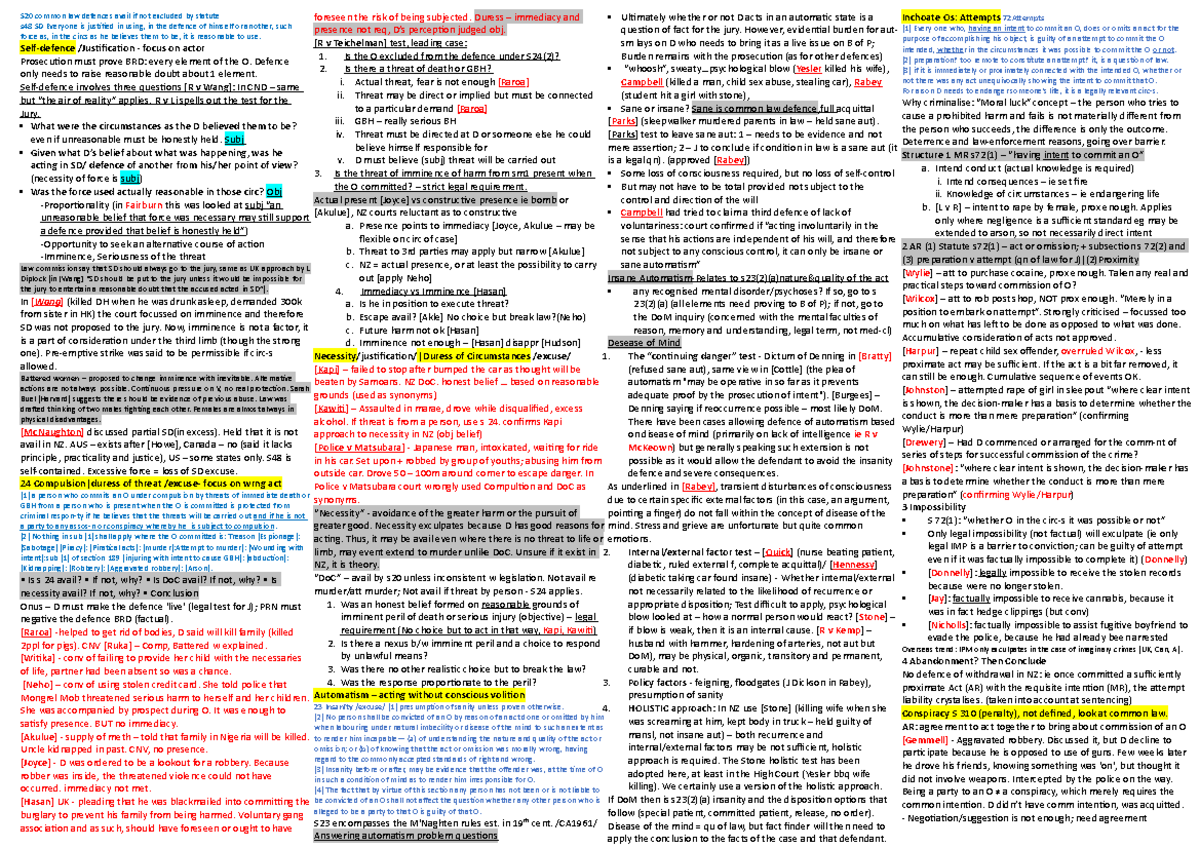 Final test cheat sheet - S20 common law defences avail if not excluded ...