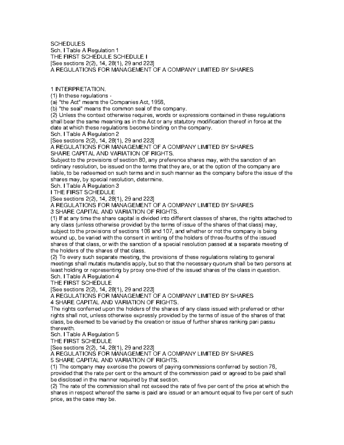 Companies Act 1956 Part 2 SCHEDULES Sch. I Table A Regulation 1 THE