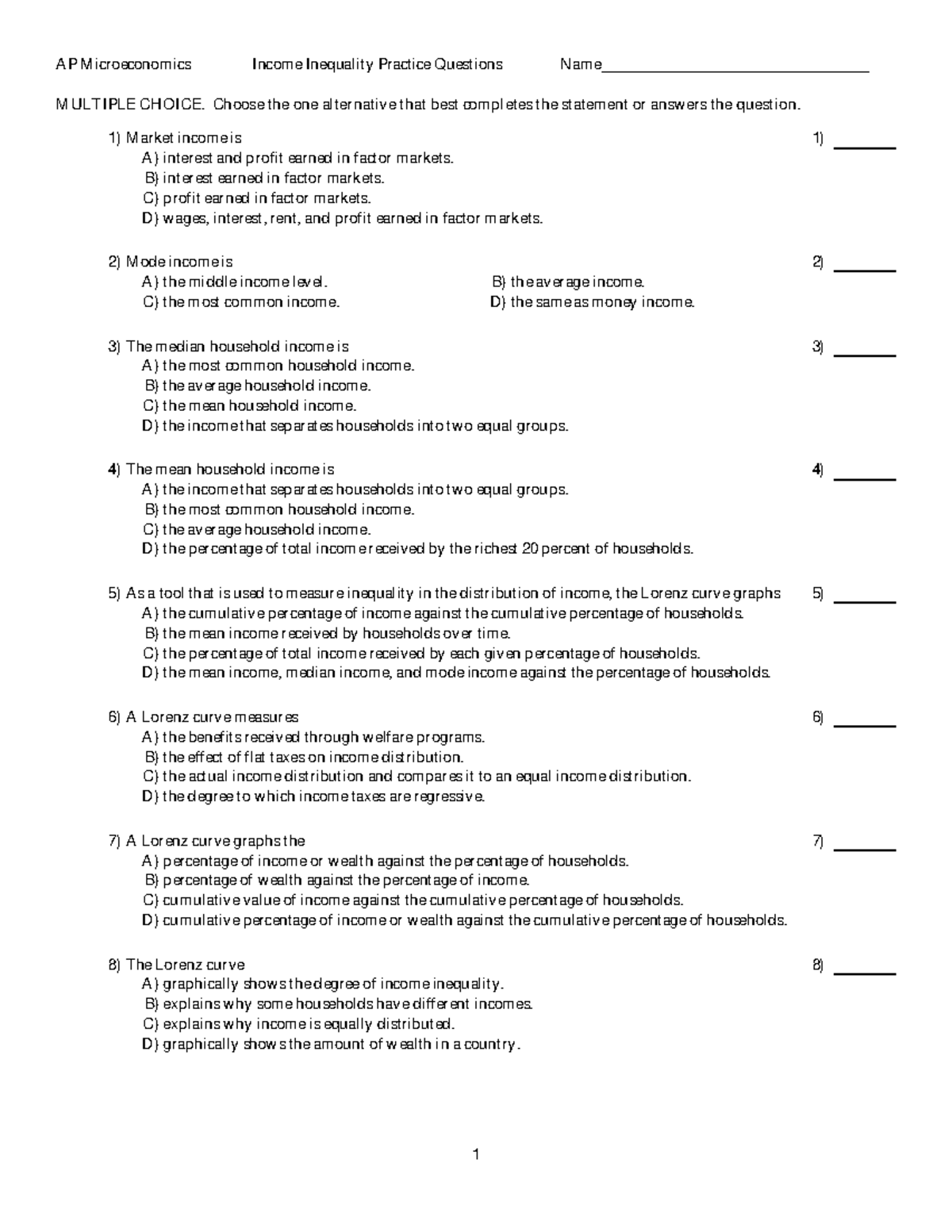 Practice+Questions Income+Inequality - AP Microeconomics Income ...