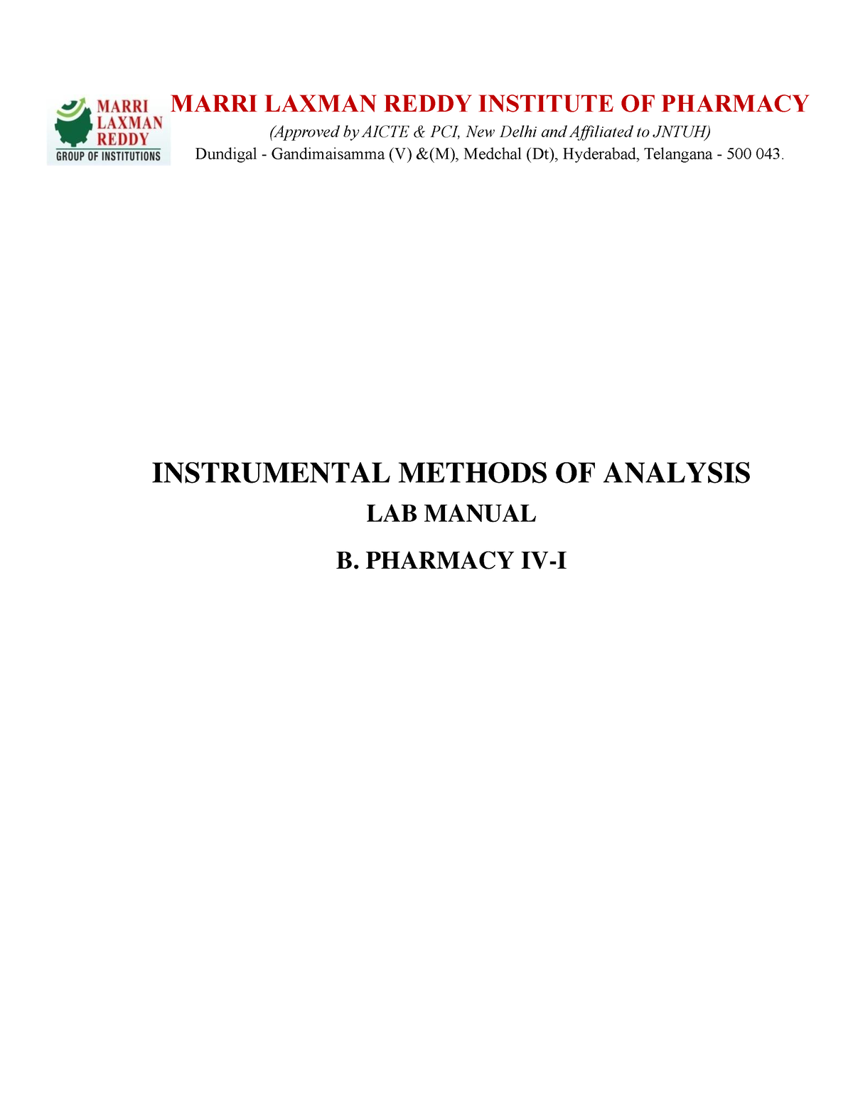 Instrumental Methods OF Analysis LAB Manual - INSTRUMENTAL METHODS OF ...