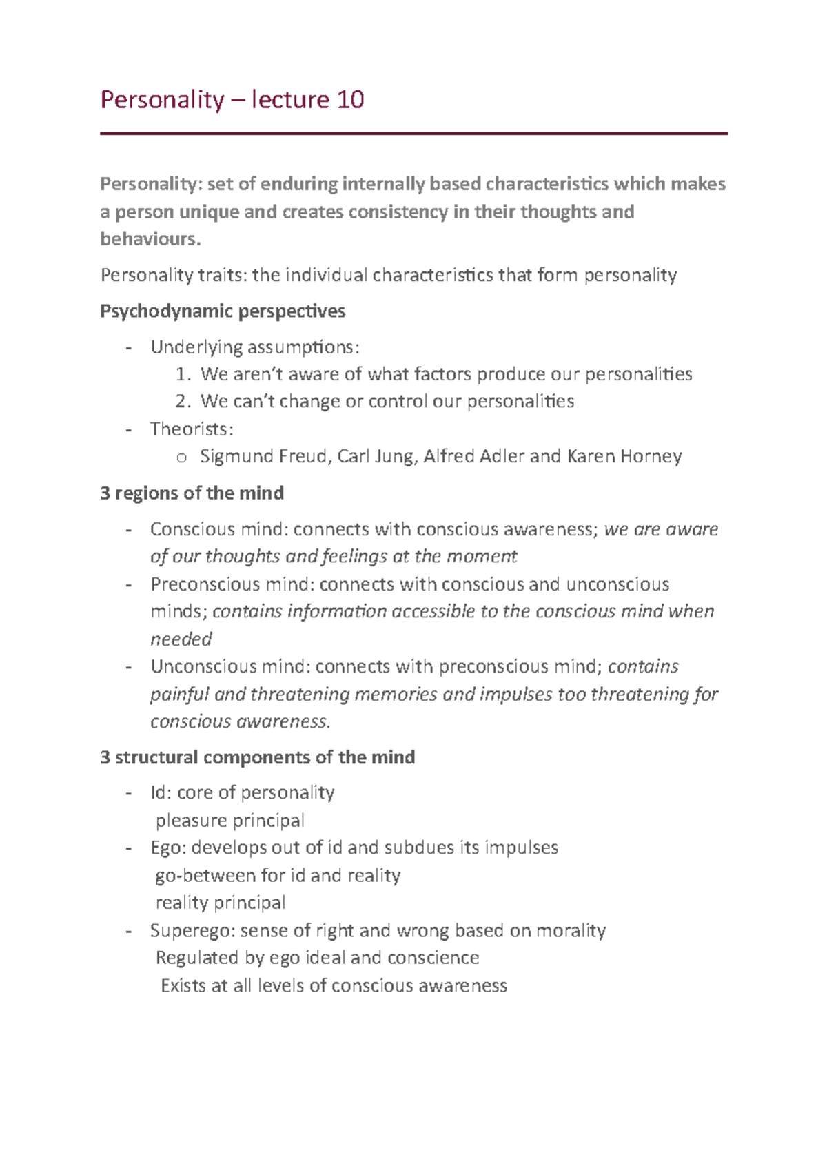 Personality - lecture 10 - Personality – lecture 10 Personality: set of ...