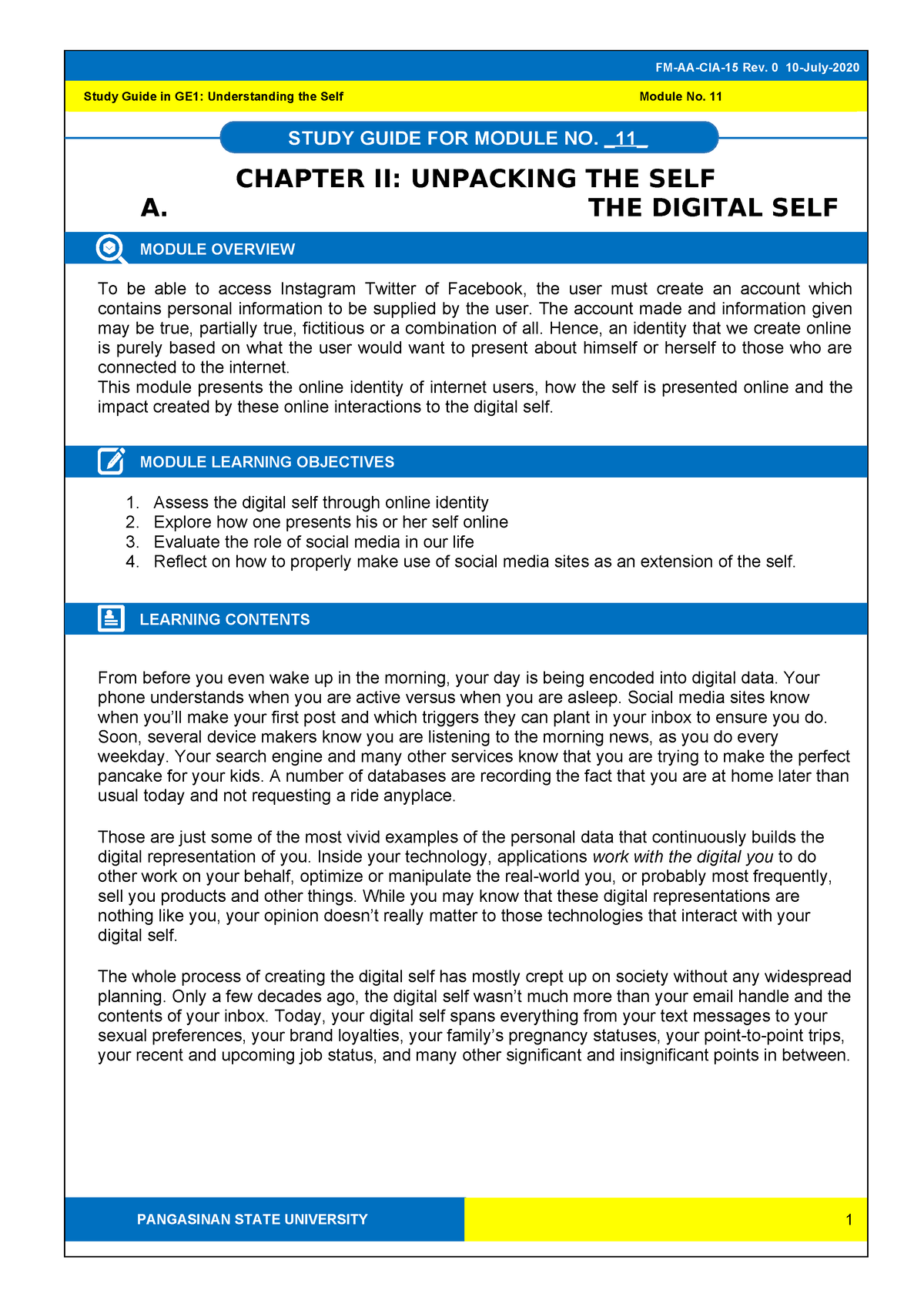 GE1 Module 11 Digital Self - STUDY GUIDE FOR MODULE NO. 11 Study Guide ...