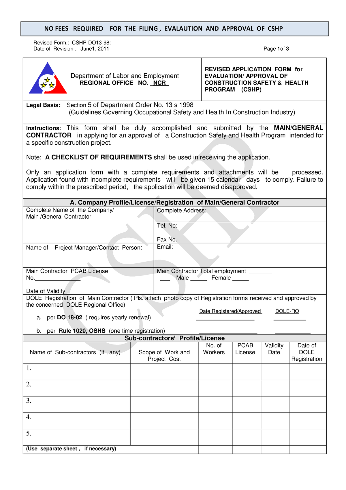 Cshpapplicationform Revised Form. CSHPDO 13 98 Date of