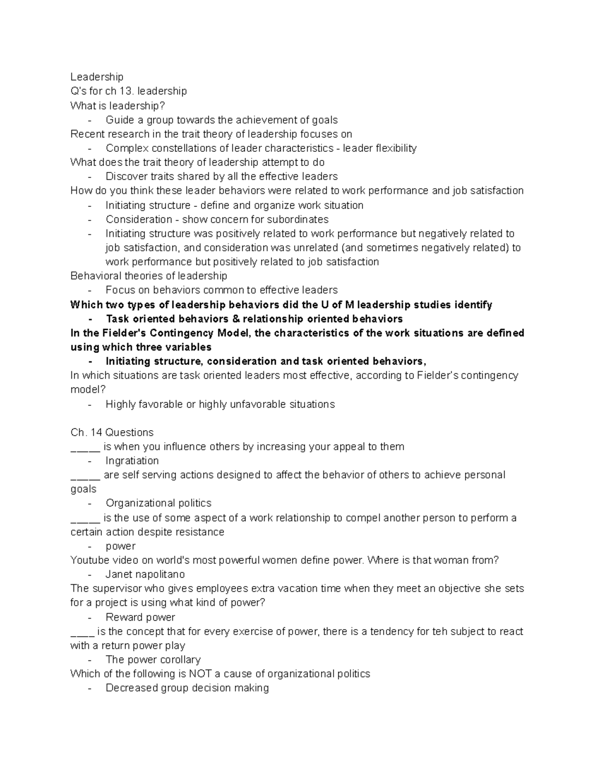 185S week 4 - Lecture notes 4 - Leadership Q’s for ch 13. leadership ...