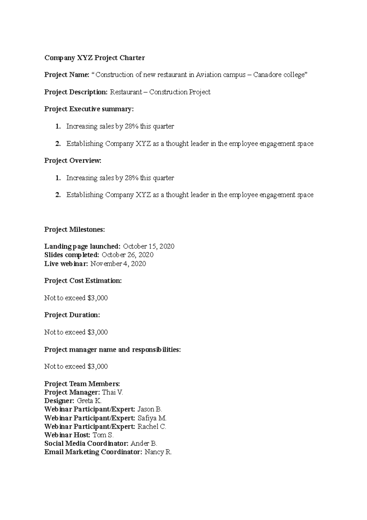 Project Charter - Company XYZ Project Charter Project Name ...