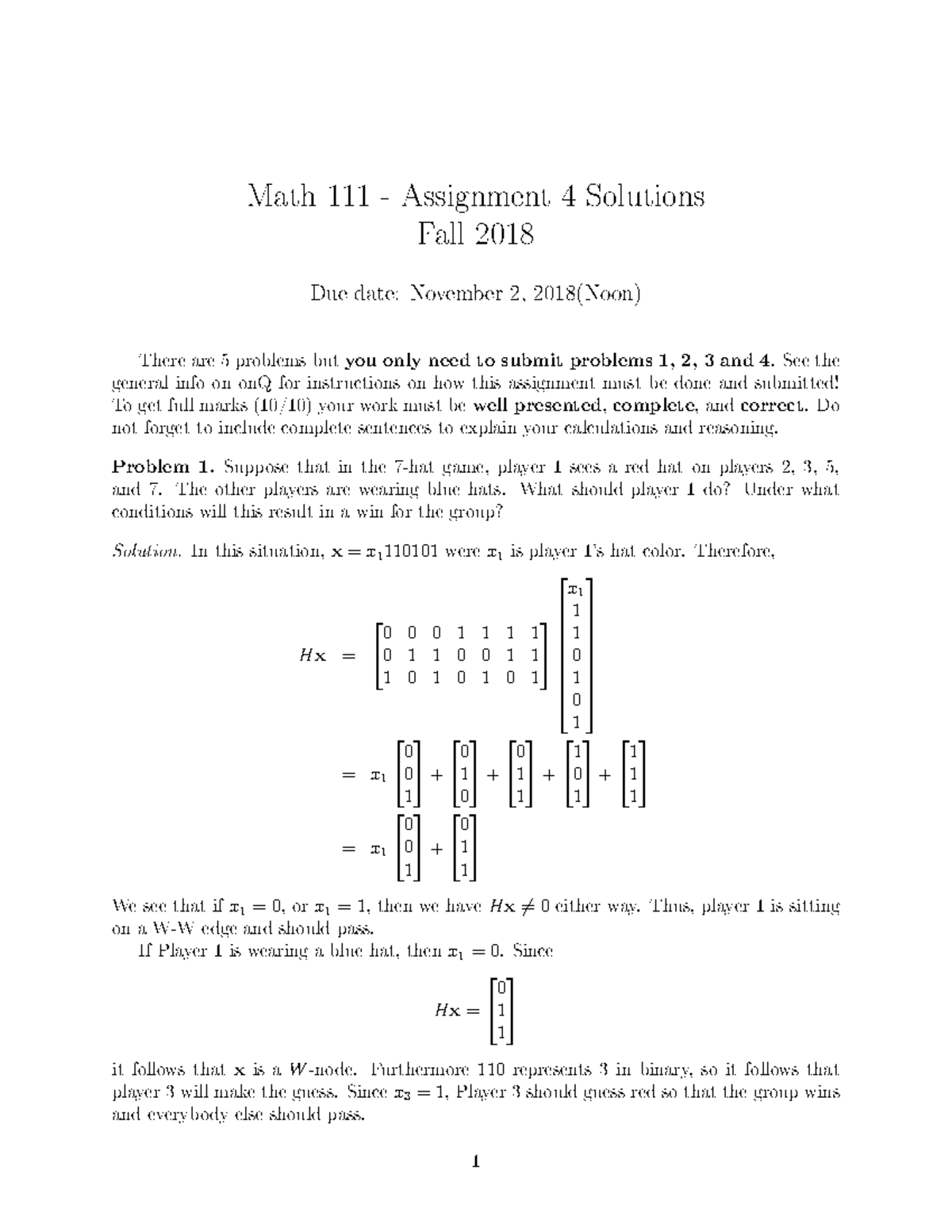 Assignment 4 Solutions - Math 111 - Assignment 4 Solutions Fall 2018 ...