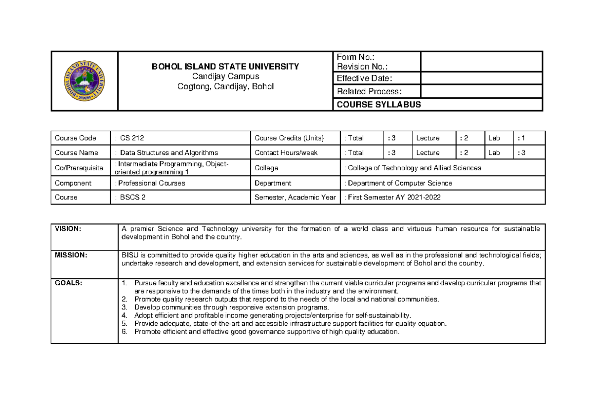 Syllabus Data Structures and Algorithms AY 2021-2022 - BOHOL ISLAND ...