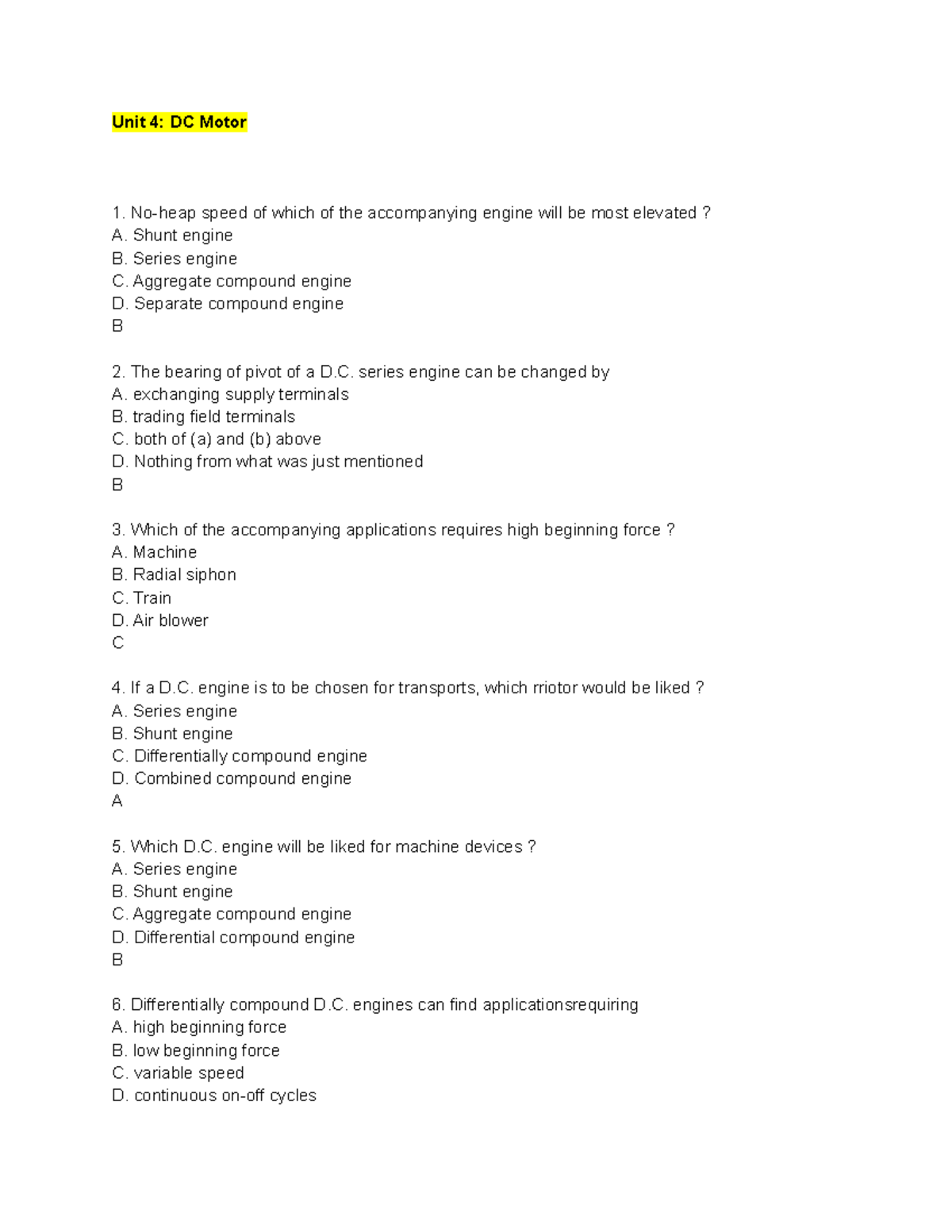 Unit 4 DC Motor These are my practice quizzes for Electrical