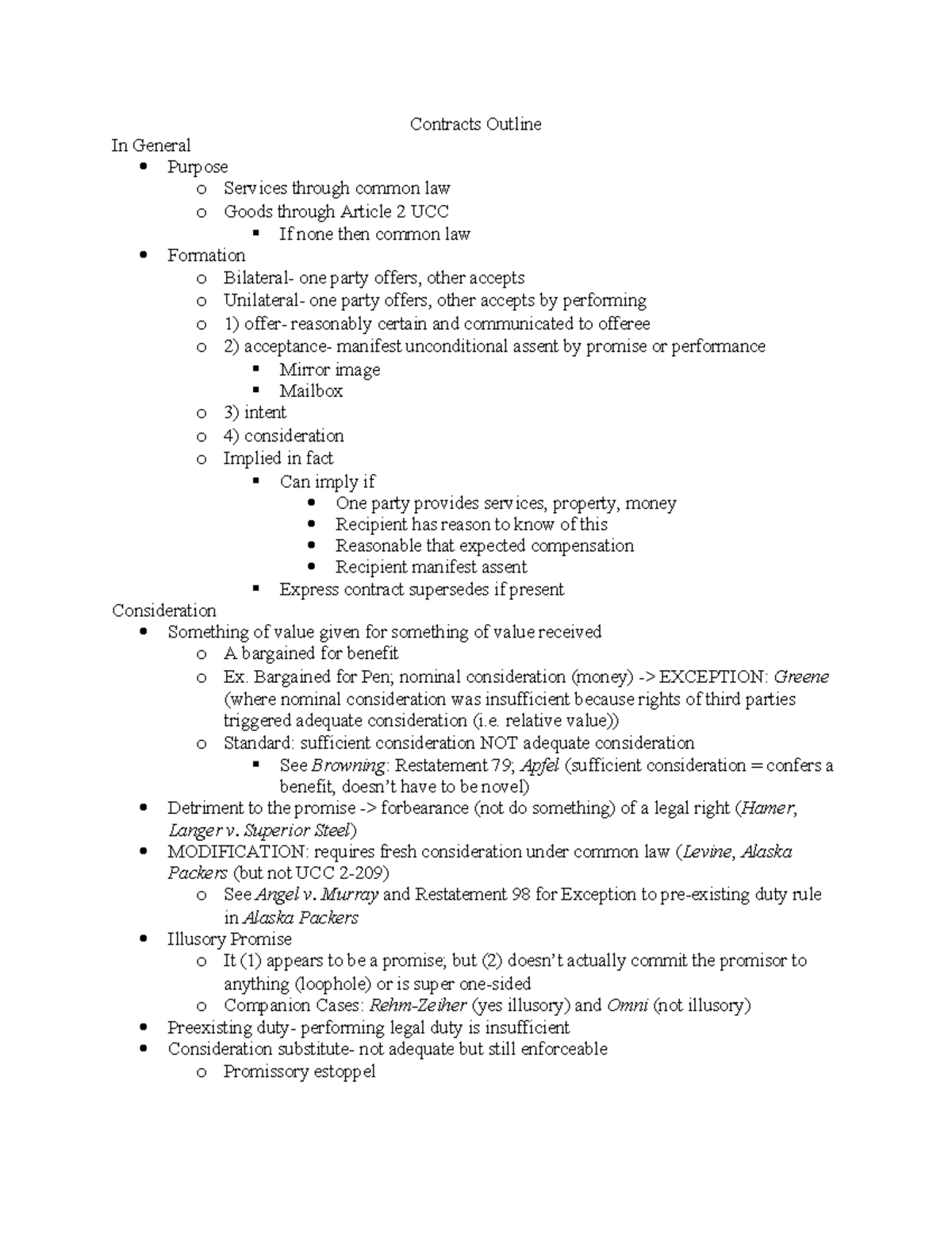 Contracts Outline - Bargained for Pen; nominal consideration (money ...