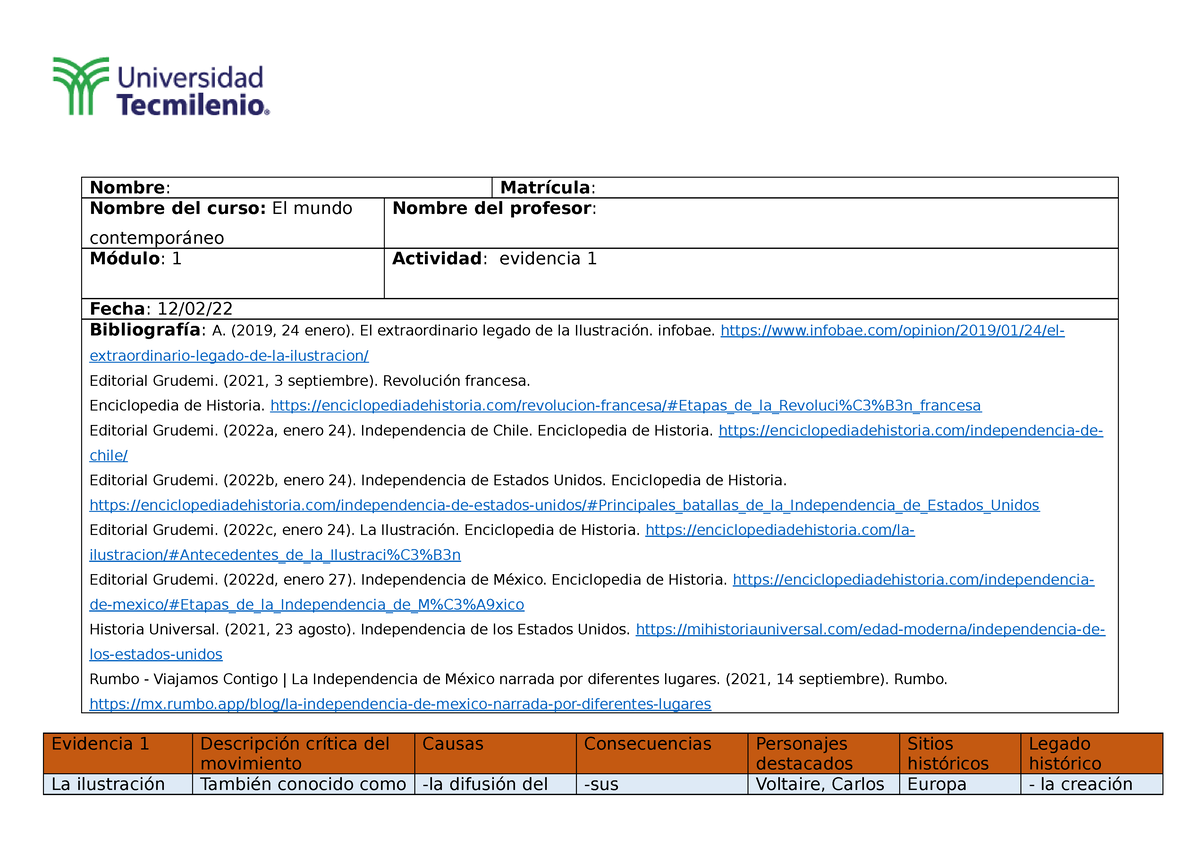 Evidencia 1 Mundo Contemporaneo Nombre Matrícula Nombre Del Curso El Mundo Contemporáneo 7105