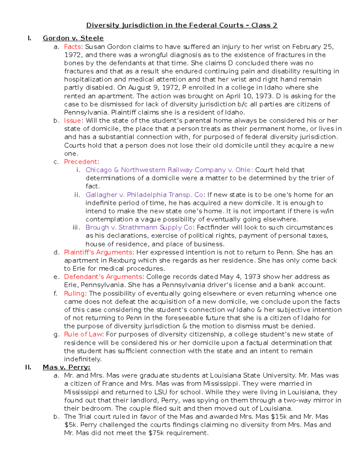 Class 2 Diversity Jurisdiction in the Federal Courts Diversity