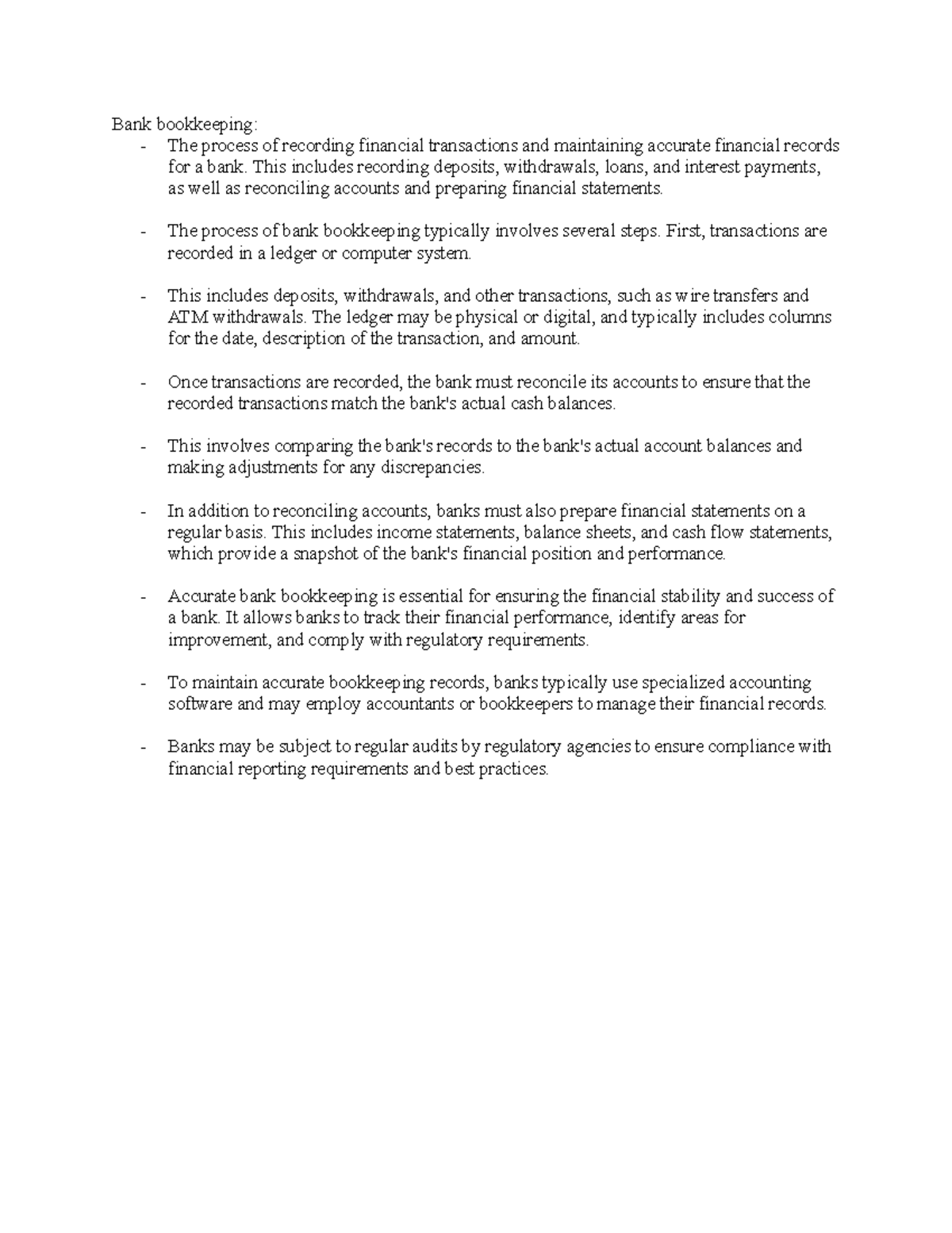 BANK Bookeeping Notes 1 - Bank bookkeeping: - The process of recording ...